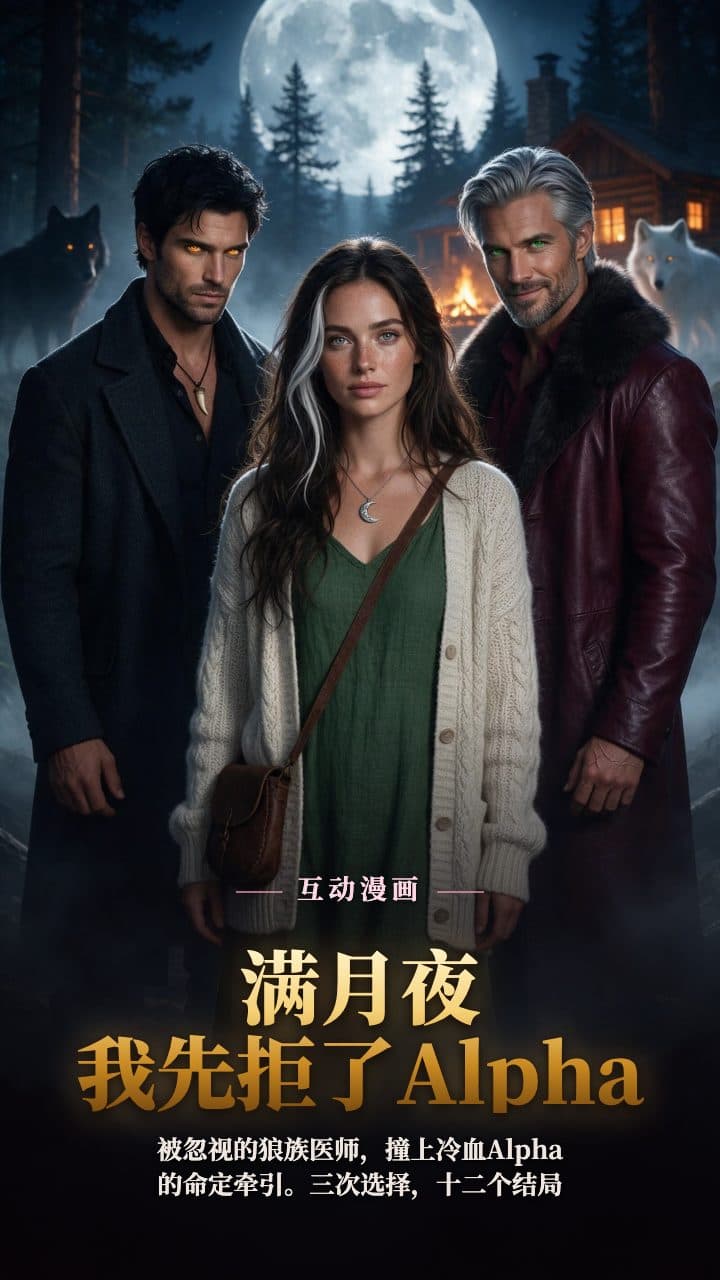 满月下的松林与木屋，成年女医师站在冷峻的成年Alpha与敌族王者之间