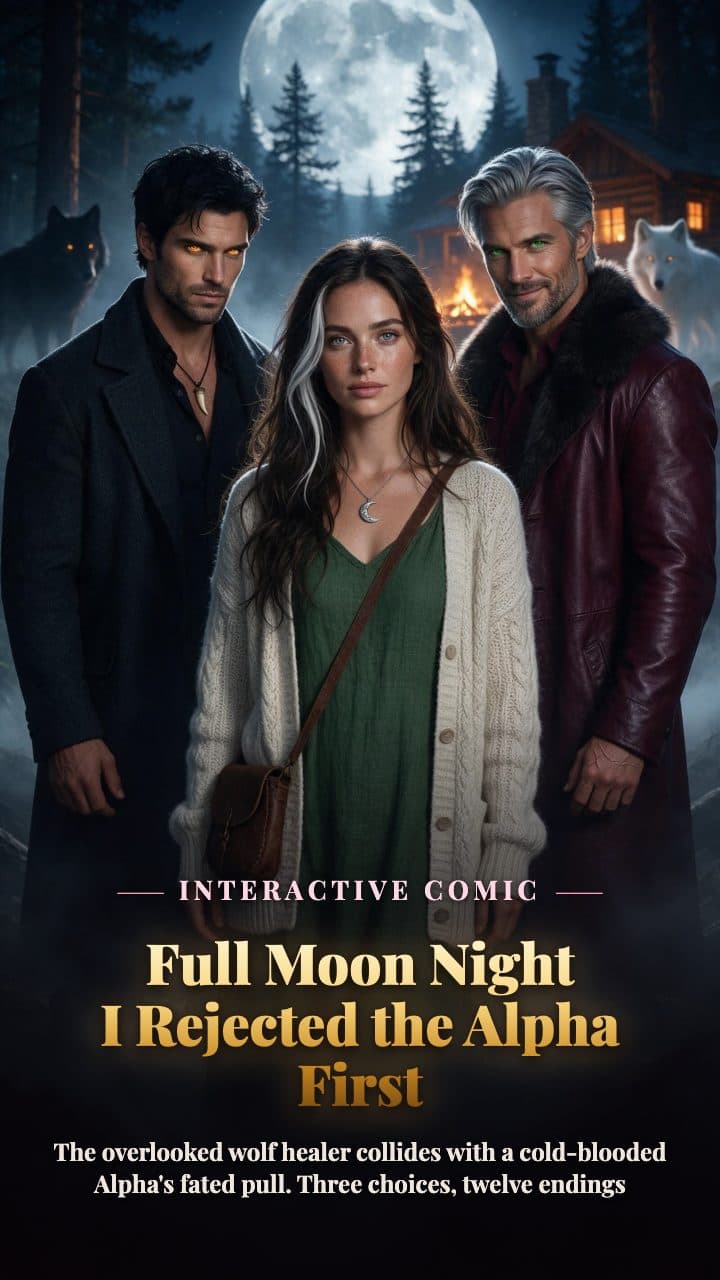 Pine forest and a wooden cabin under the full moon, an adult woman healer standing between a stern adult Alpha and an enemy pack king