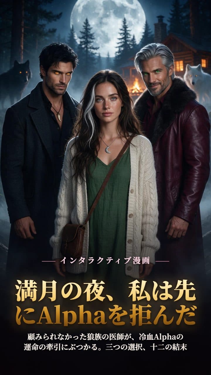 満月の下の松林と木小屋、成人の女性医師が冷厳な成人Alphaと敵族の王の間に立っている