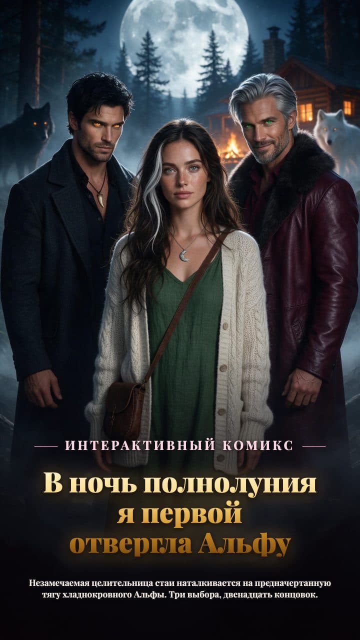 Сосновый лес и деревянный дом под полной луной, взрослая целительница стоит между суровым взрослым Альфой и королём вражеской стаи