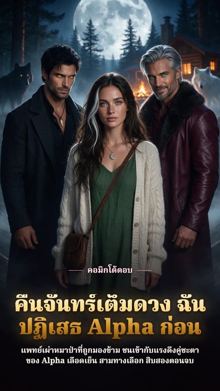 ป่าสนและกระท่อมไม้ใต้พระจันทร์เต็มดวง แพทย์หญิงวัยผู้ใหญ่ยืนระหว่าง Alpha วัยผู้ใหญ่ท่าทีเย็นชากับราชาแห่งเผ่าศัตรู