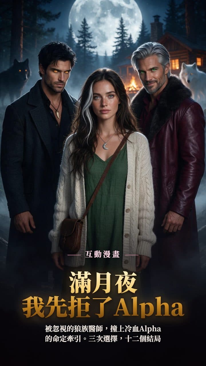滿月下的松林與木屋，成年女醫師站在冷峻的成年Alpha與敵族王者之間