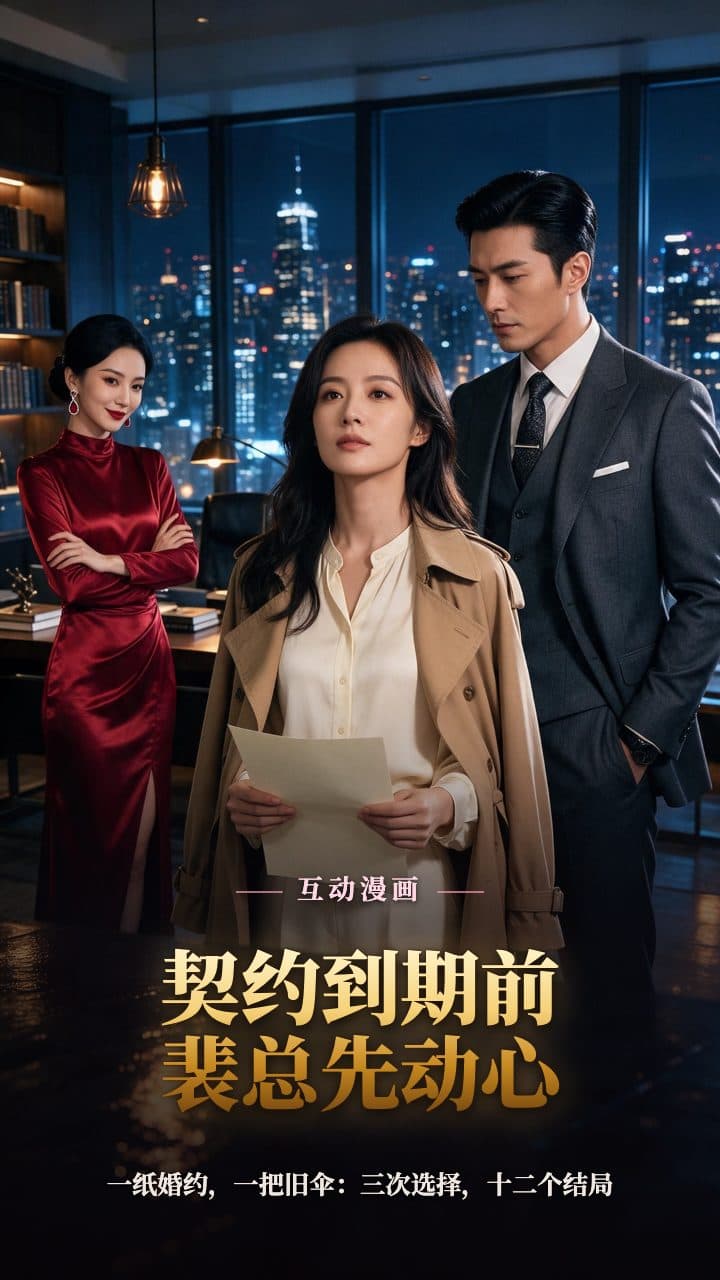 深夜的玻璃顶楼办公室，西装成年男子与成年女设计师隔着办公桌对视，身后是城市夜景