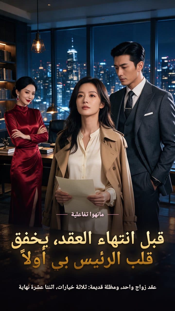 مكتب زجاجي في الطابق العلوي في آخر الليل، رجل بالغ ببدلة ومصممة بالغة يتبادلان النظر وبينهما المكتب، وخلفهما مشهد المدينة الليلي