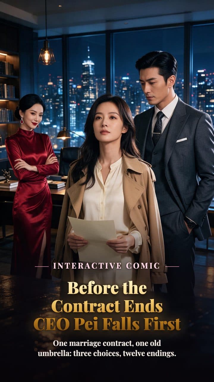 A glass top-floor office late at night; an adult man in a suit and an adult woman designer face each other across the desk, the city nightscape behind them