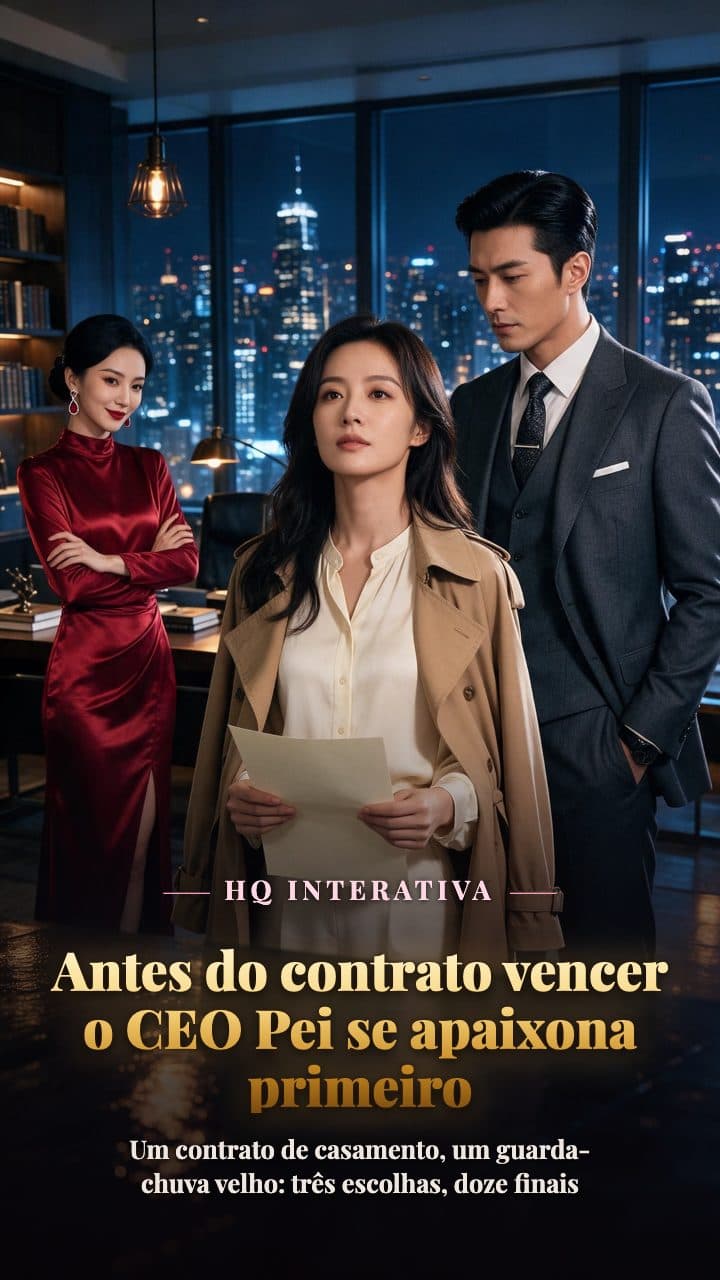 Escritório envidraçado no último andar, alta noite: um homem adulto de terno e uma designer adulta se encaram de lados opostos da mesa, com a cidade noturna atrás
