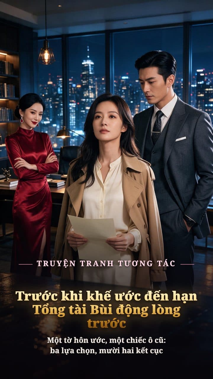 Văn phòng kính tầng thượng lúc đêm khuya, người đàn ông trưởng thành mặc vest và nữ nhà thiết kế trưởng thành nhìn nhau qua bàn làm việc, phía sau là cảnh đêm thành phố