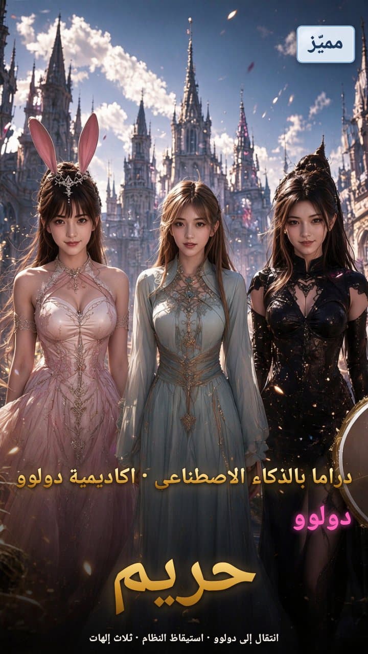 أمام القاعة الخارجية لأكاديمية دولوو، ثلاث نساء بالغات يقفن معاً: تنورة وردية بأذني أرنب، فستان طويل أزرق جليدي، ودانتيل أسود