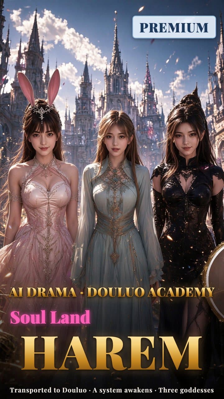 Before Douluo Academy's outer hall, three adult women stand together: pink skirt and rabbit ears, ice-blue gown, and black lace