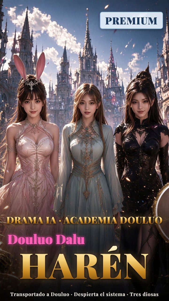 Ante el pabellón exterior de la Academia Douluo, tres mujeres adultas juntas: vestido rosa con orejas de conejo, vestido largo azul hielo y encaje negro.