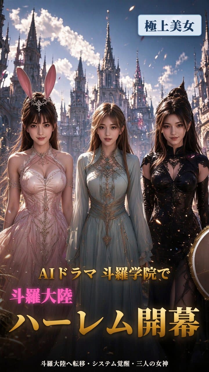 斗羅学院の外殿前。ピンクの裙と兎耳、アイスブルーの長裙、黒レース。三人の成人女性が並んで立っている