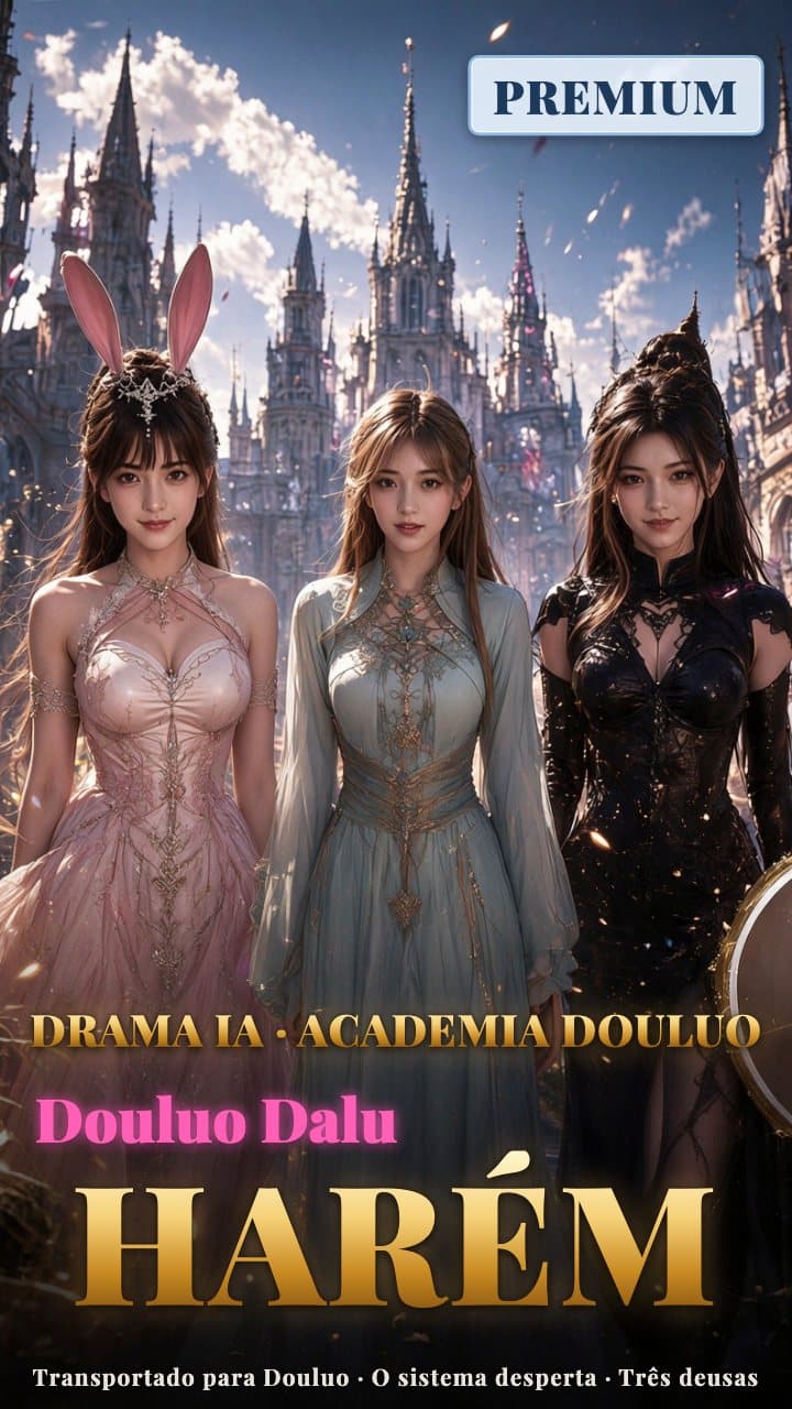Diante do salão externo da Academia Douluo, três mulheres adultas juntas: vestido rosa e orelhas de coelho, vestido longo azul-gelo e renda preta