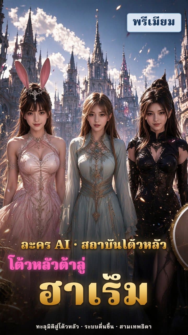 หน้าโถงนอกวิทยาลัยโต้วหลัว ผู้หญิงวัยผู้ใหญ่สามคนยืนด้วยกัน กระโปรงชมพูหูกระต่าย ชุดยาวสีฟ้าน้ำแข็ง และลูกไม้สีดำ