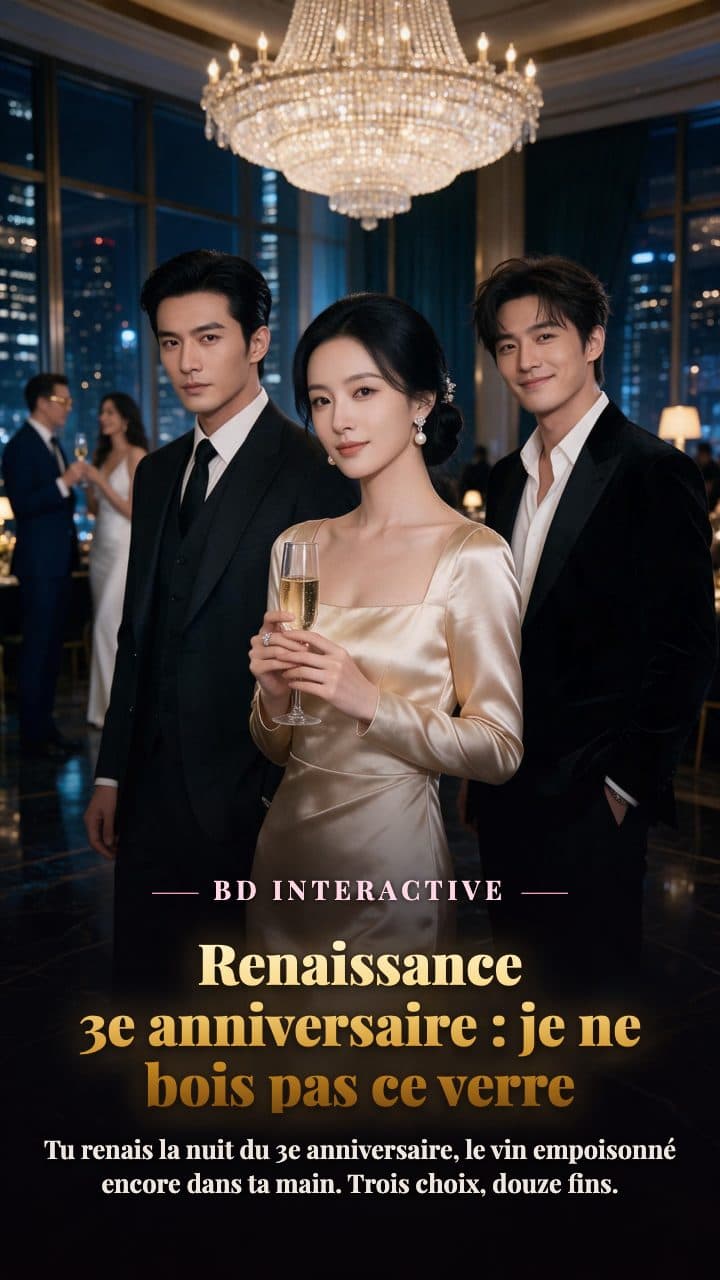 Sous les lustres de cristal de la salle de banquet, une femme adulte en robe de satin champagne tient une coupe de champagne, deux hommes adultes de part et d'autre