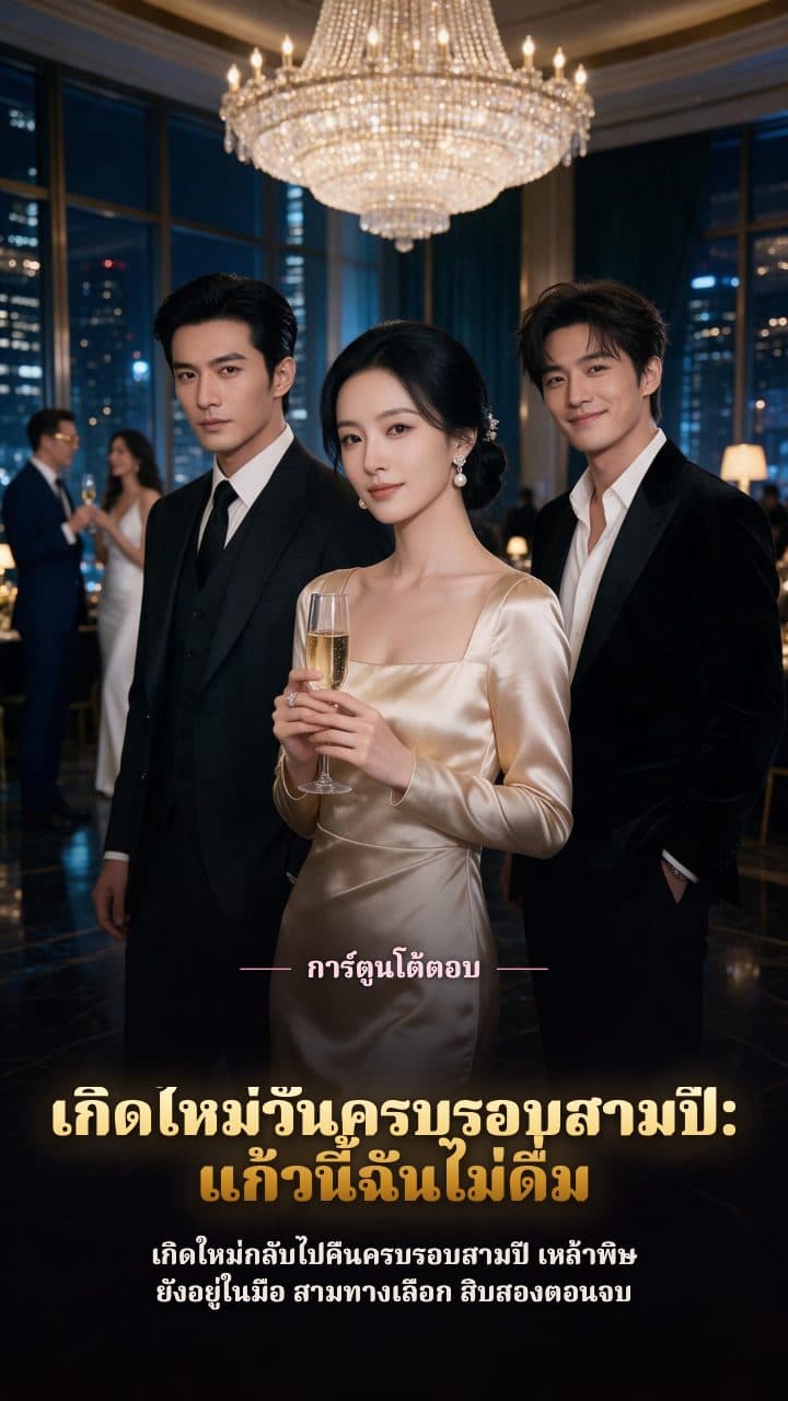ใต้โคมไฟคริสตัลในห้องจัดเลี้ยง ผู้หญิงวัยผู้ใหญ่สวมชุดราตรีผ้าซาตินสีแชมเปญถือแก้วแชมเปญ ผู้ชายวัยผู้ใหญ่สองคนยืนคนละข้าง