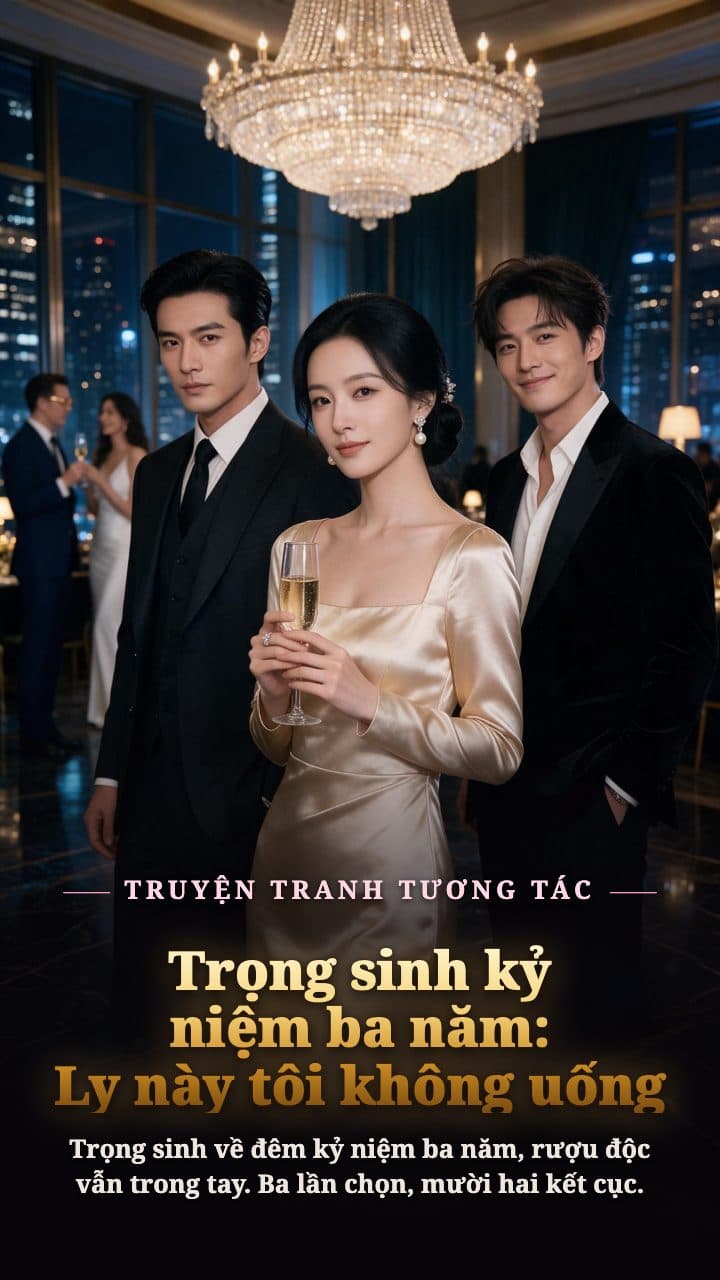 Dưới đèn pha lê trong phòng tiệc, người phụ nữ trưởng thành mặc váy lễ satin màu champagne cầm ly sâm panh, hai người đàn ông trưởng thành đứng hai bên