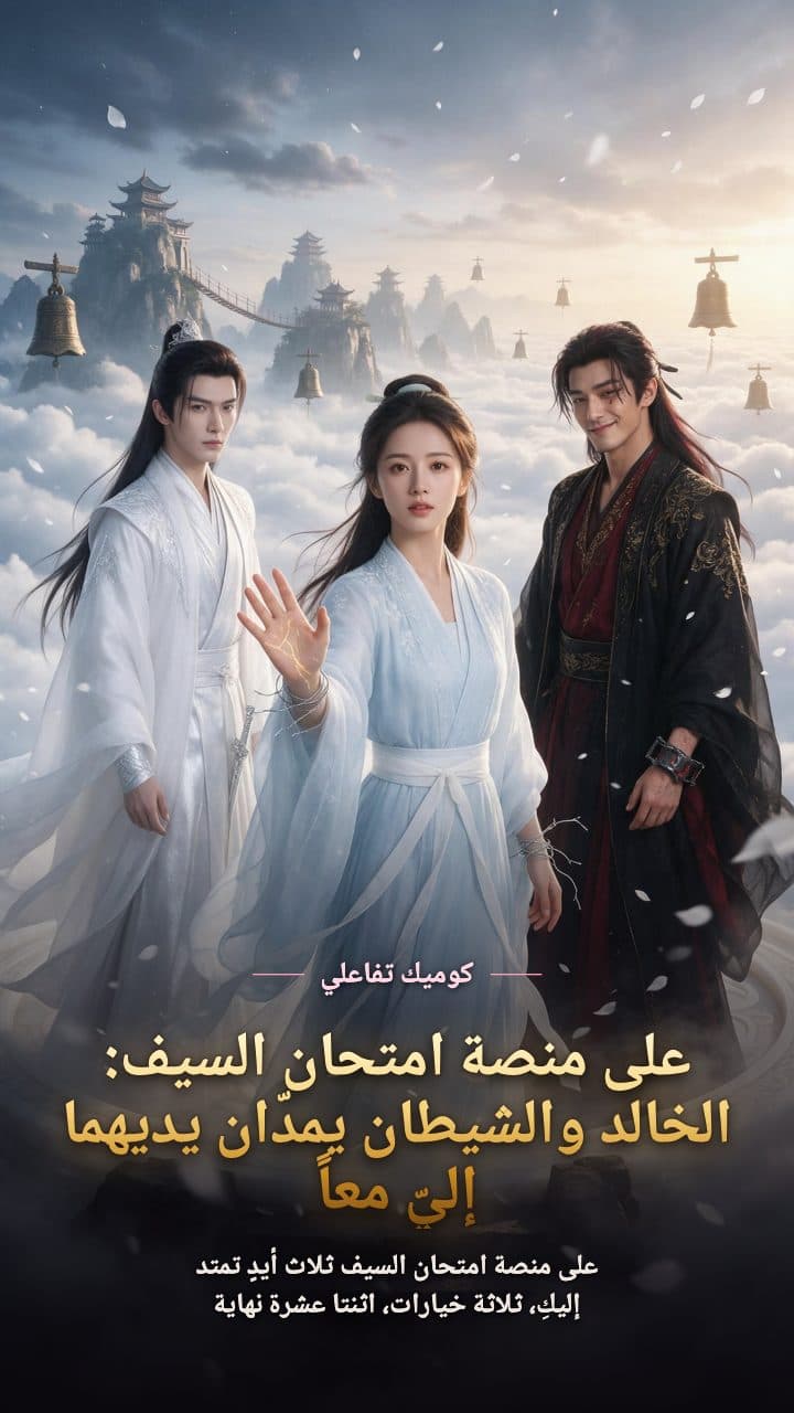 فوق بحر السحاب في منصة امتحان السيف، سيّد الخالدين بثياب بيضاء وامرأة بالغة بثوب الباب الخارجي الأزرق الفاتح وسيّد الشياطين بثياب حمراء قاتمة، والثلاثة في إطار واحد