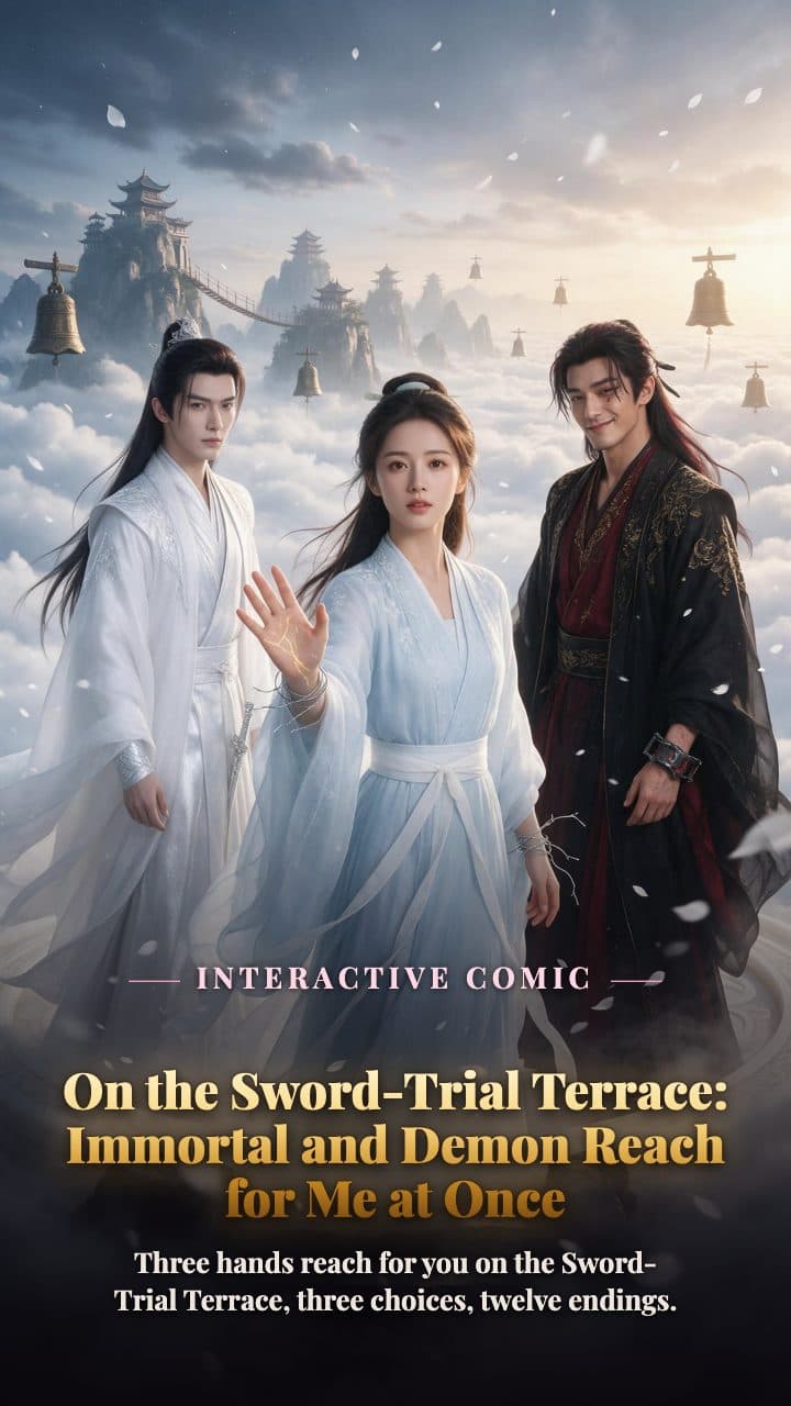 Above the sea of clouds at the Sword-Trial Terrace, the white-robed Immortal Lord, an adult woman in pale-blue outer-sect dress, and the dark-crimson Demon Lord in one frame.