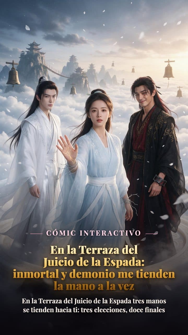 Sobre el mar de nubes de la Terraza del Juicio de la Espada, el Señor Inmortal de blanco, una mujer adulta con ropas azul claro de la secta exterior y el Señor Demonio de carmesí oscuro, los tres en el mismo encuadre.