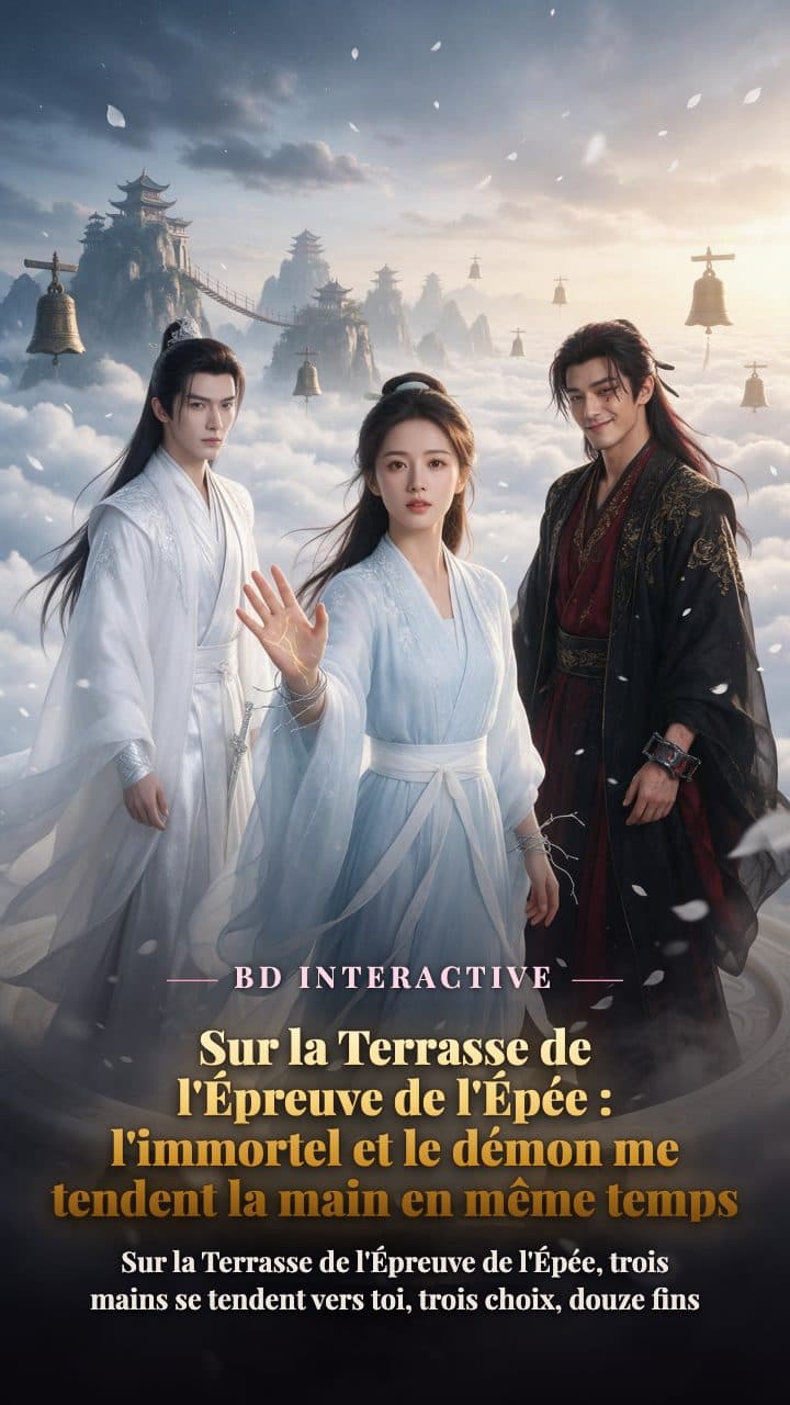 Au-dessus de la mer de nuages de la Terrasse de l'Épreuve de l'Épée, le Seigneur Immortel en blanc, une femme adulte en robe bleu clair de l'aile extérieure et le Seigneur Démon rouge sombre, tous les trois dans le même cadre