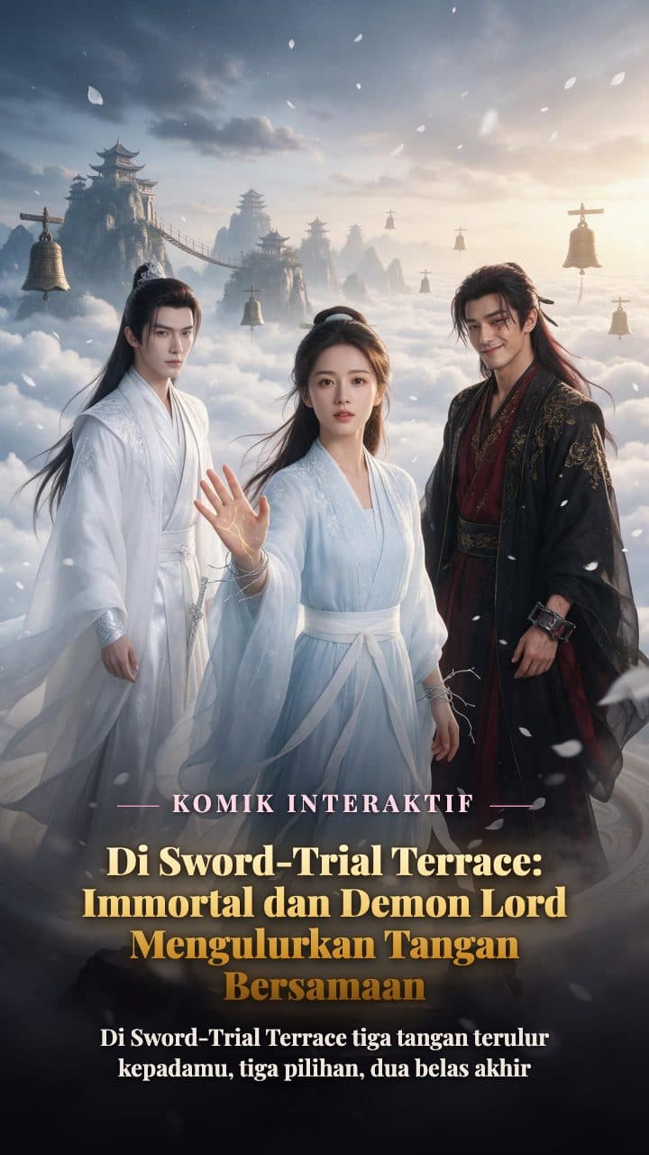 Di Sword-Trial Terrace di atas lautan awan, Immortal Lord berjubah putih, perempuan dewasa berbusana biru muda luar sekte, dan Demon Lord merah kehitaman bertiga dalam satu bingkai