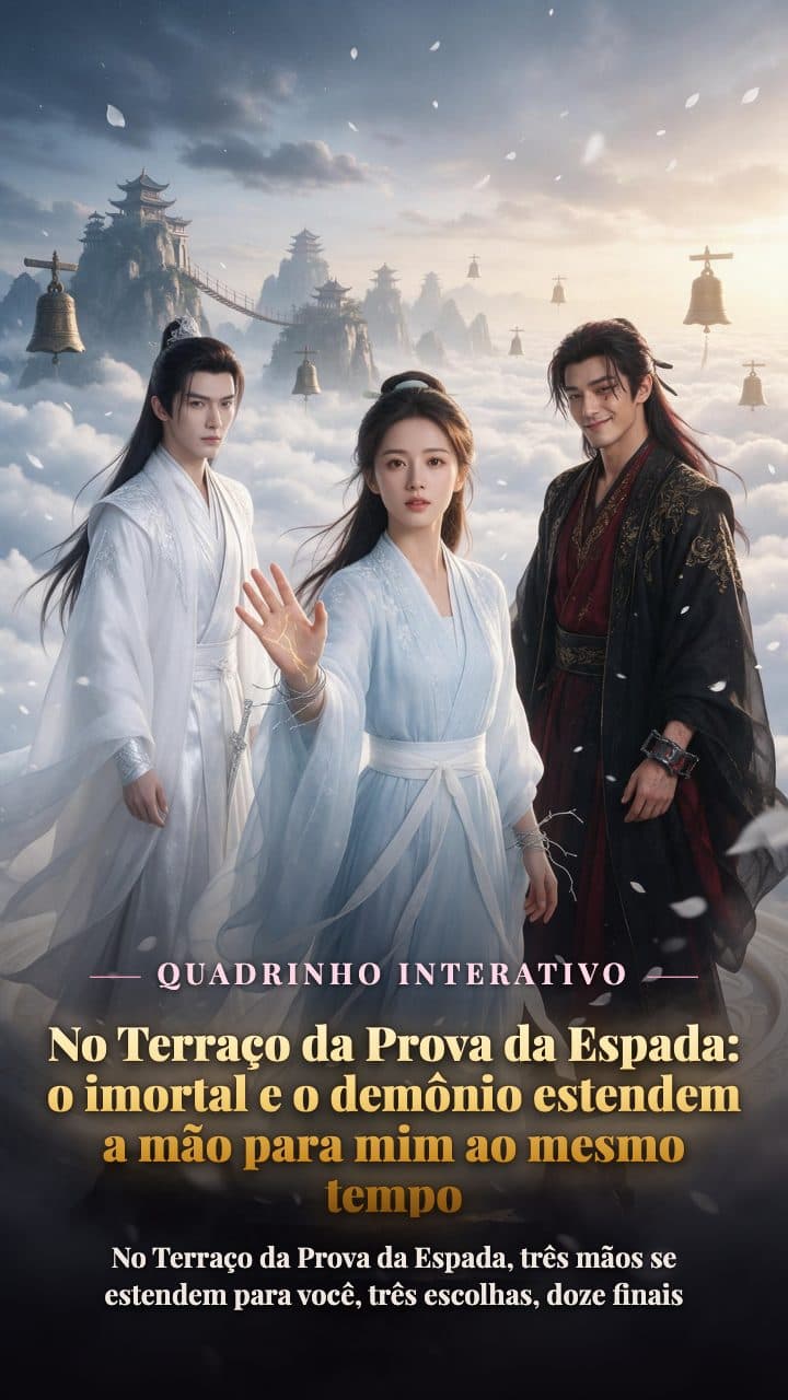 No Terraço da Prova da Espada, acima do mar de nuvens, o Lorde Imortal de branco, uma mulher adulta de vestes azul-claras da seita externa e o Lorde Demônio vermelho-escuro, os três no mesmo quadro
