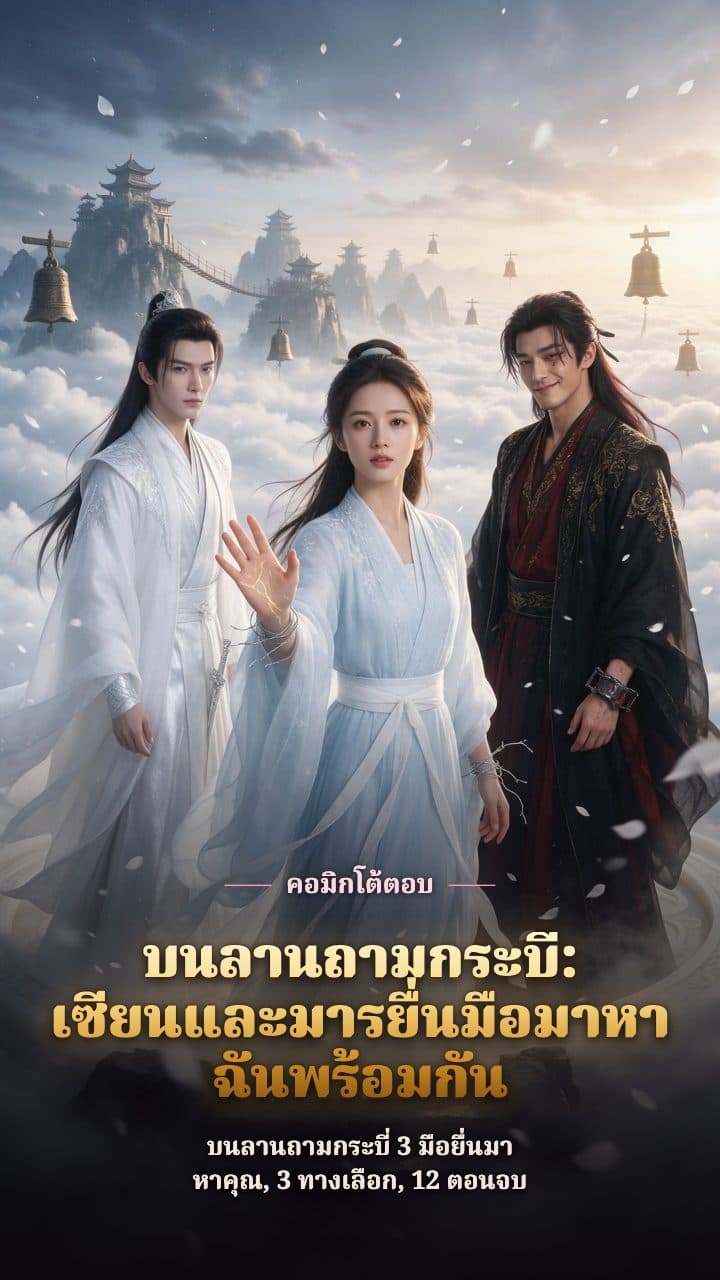 บนลานถามกระบี่เหนือทะเลเมฆ จอมเซียนชุดขาว สตรีวัยผู้ใหญ่ชุดศิษย์นอกสีฟ้าอ่อน และจอมมารชุดดำแดงอยู่ในเฟรมเดียวกัน