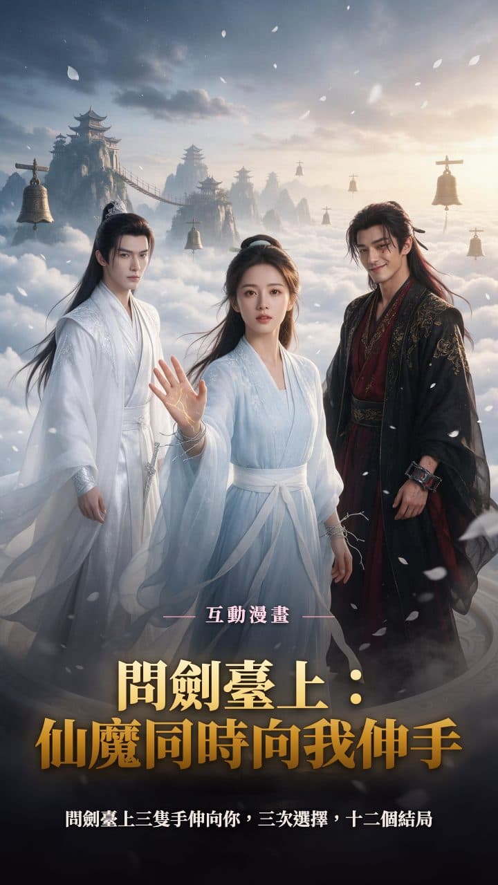 問劍臺雲海之上，白衣仙尊、淺藍外門衣裙的成年女子與玄紅魔尊三人同框