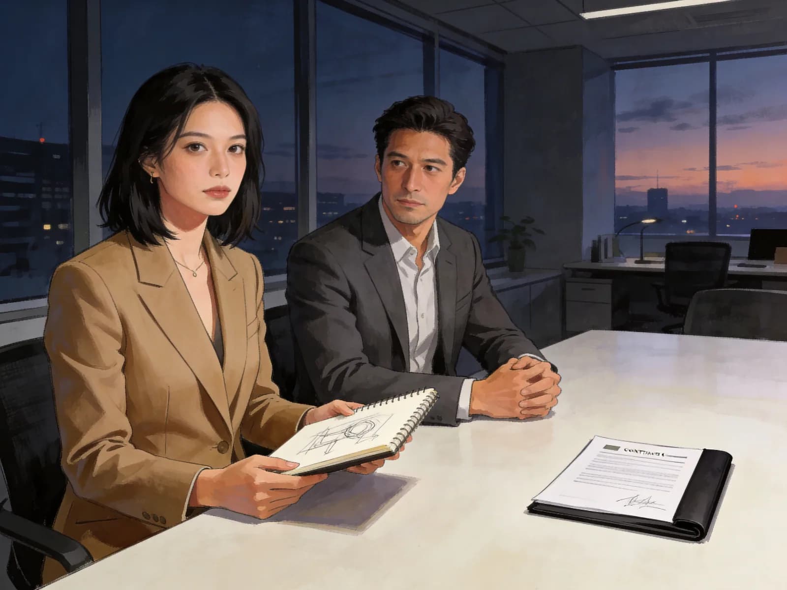 A designer and a business executive sit at an office meeting table.