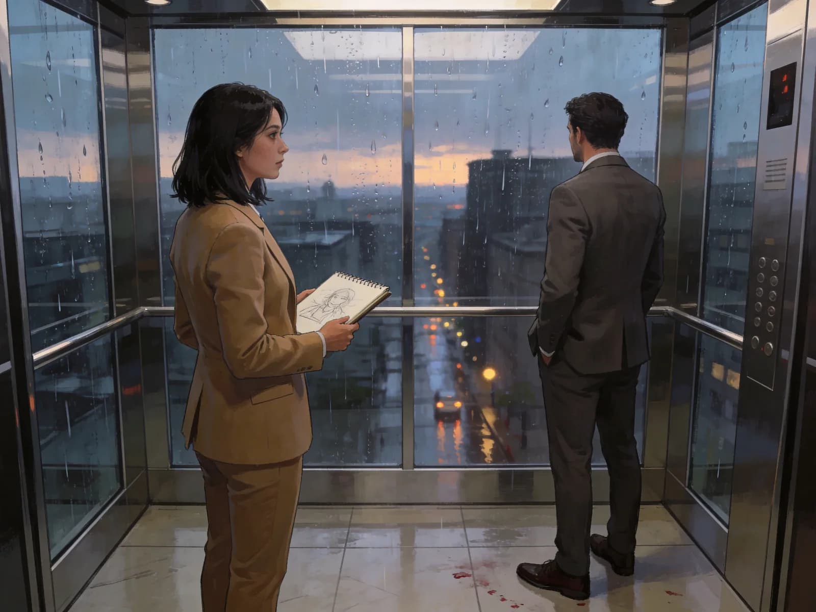 Two professionals stand in a glass elevator above a city at dusk.