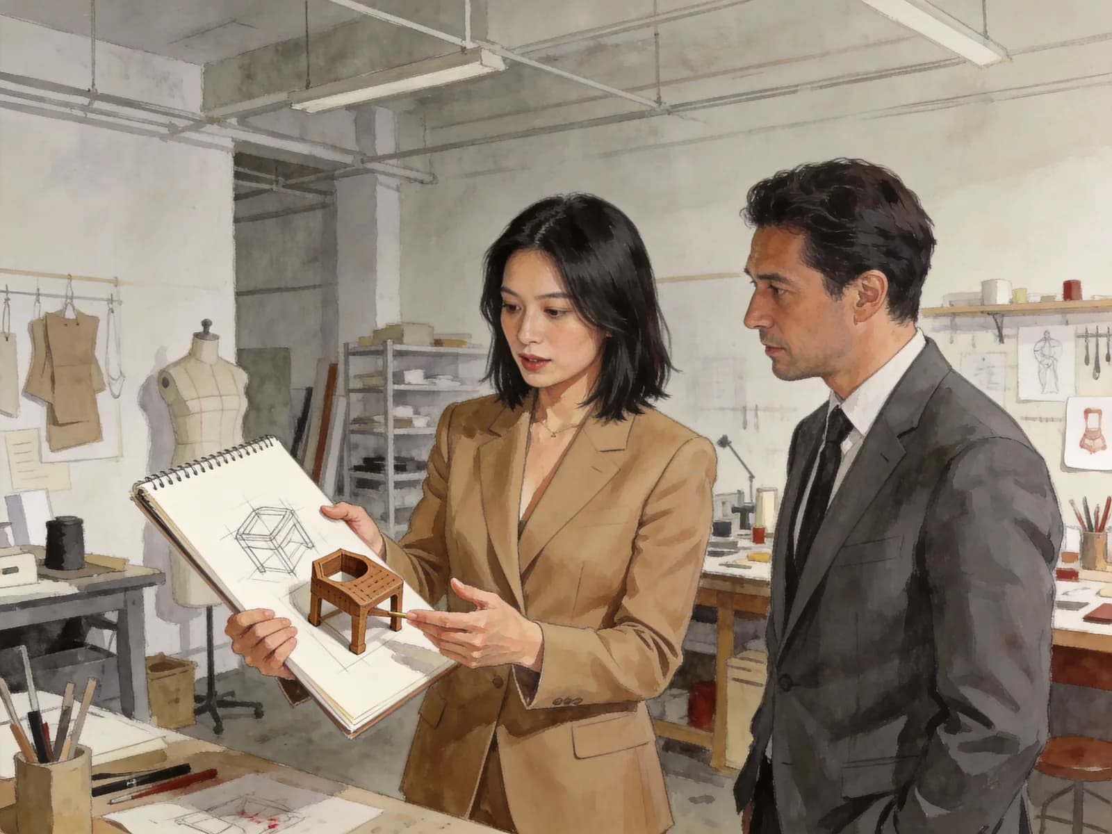 A designer shows a sketchbook and a small model to an executive in a workshop.
