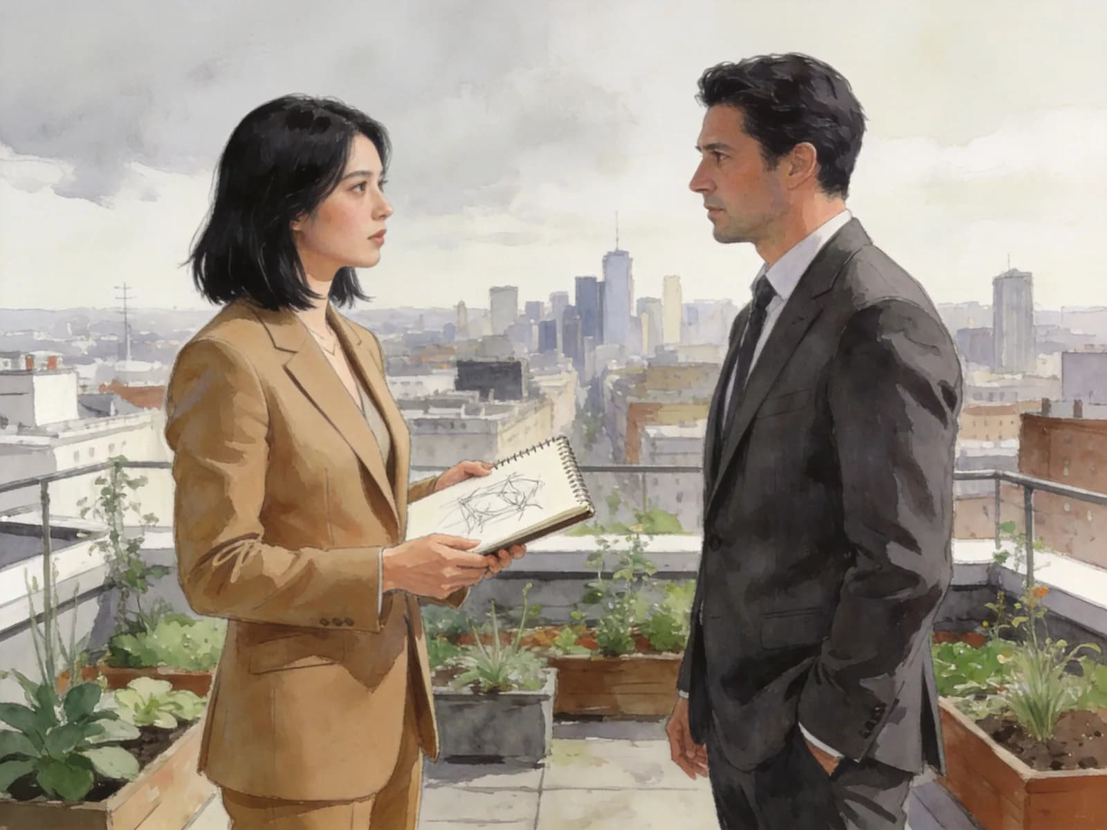 Two professionals discuss a drawing on a planted office rooftop.