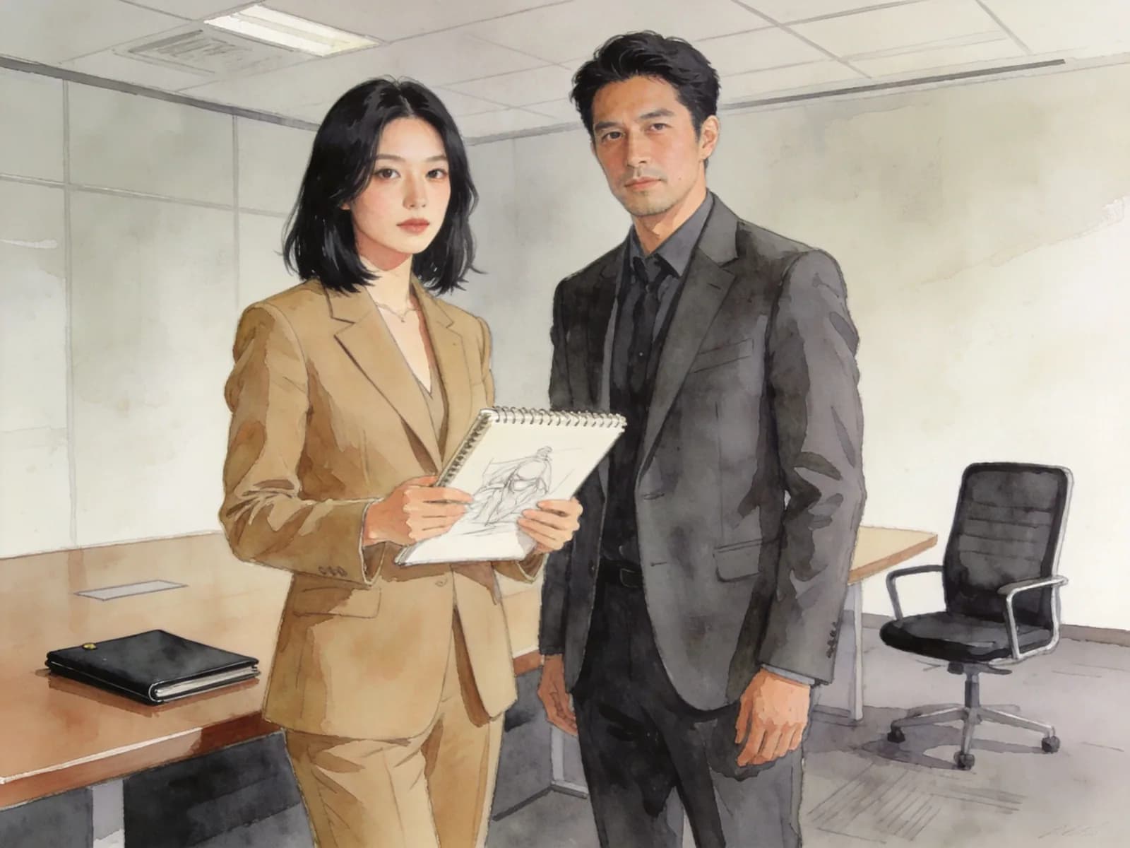 A designer and an executive stand in a quiet office with an empty desk.