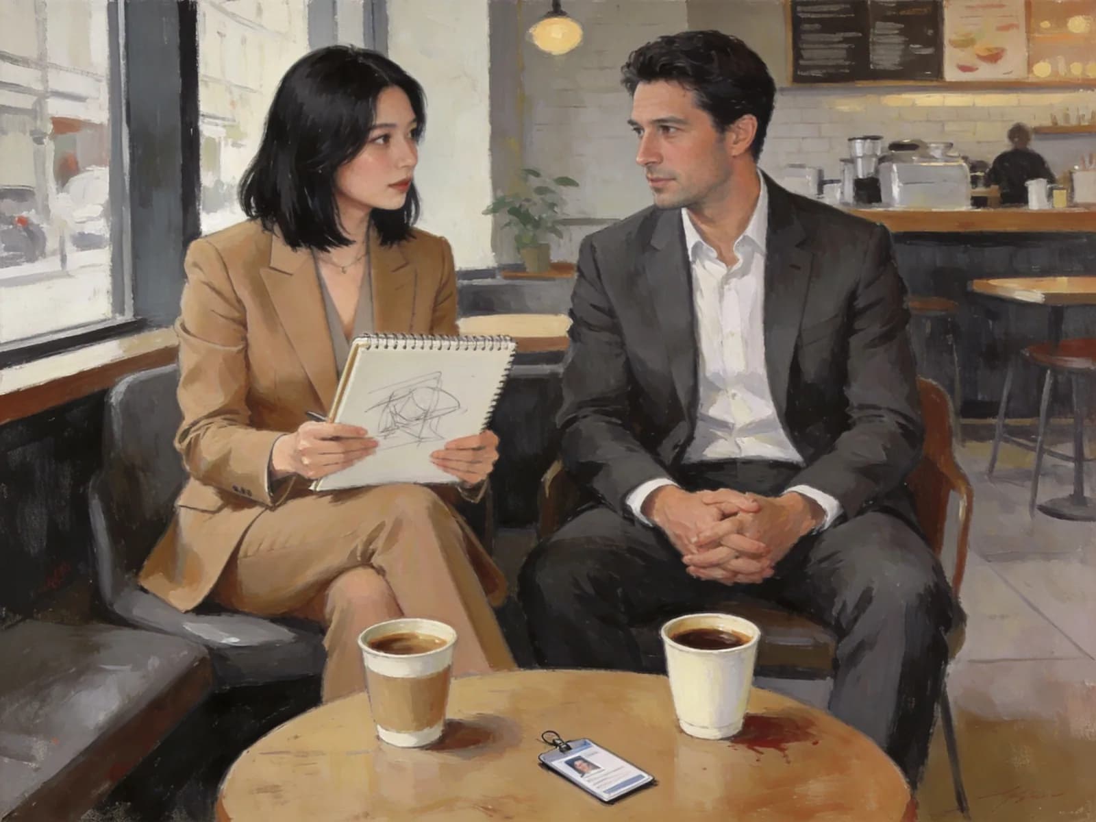 A designer and an executive sit with coffee and a sketchbook in a cafe.