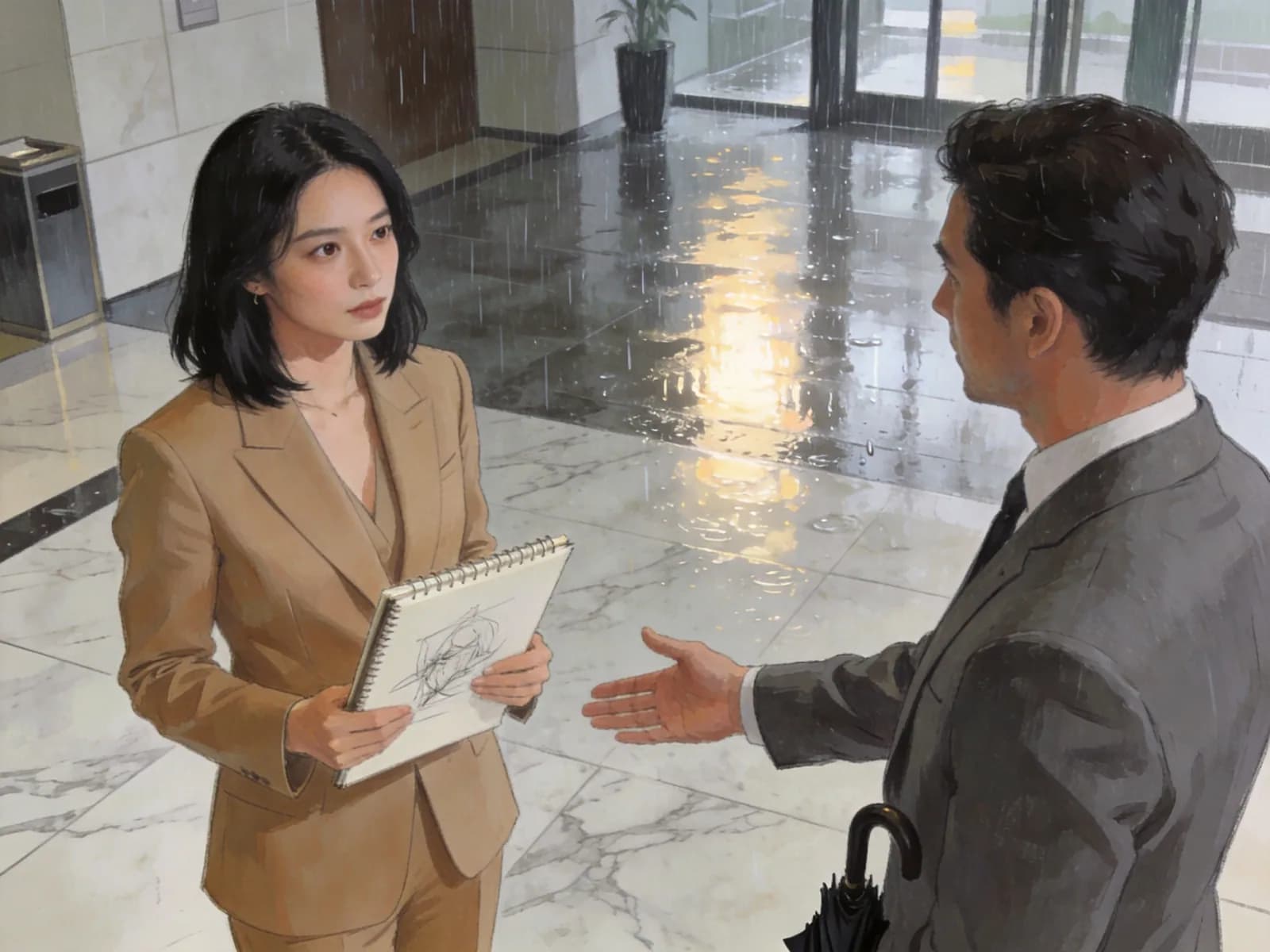 An executive offers an open hand in a rain-lit lobby as a designer listens.