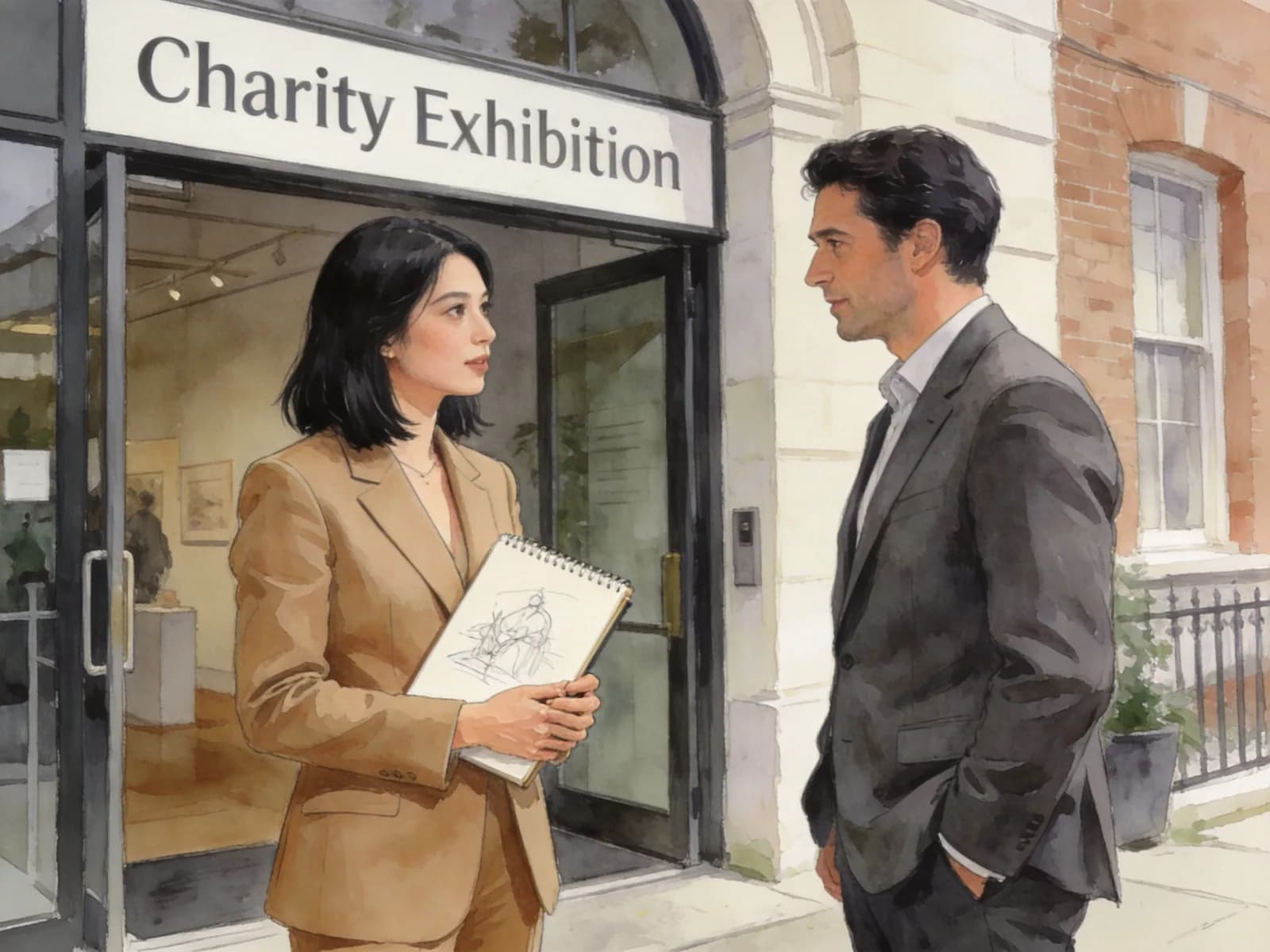Two professionals pause outside the entrance to a charity exhibition.