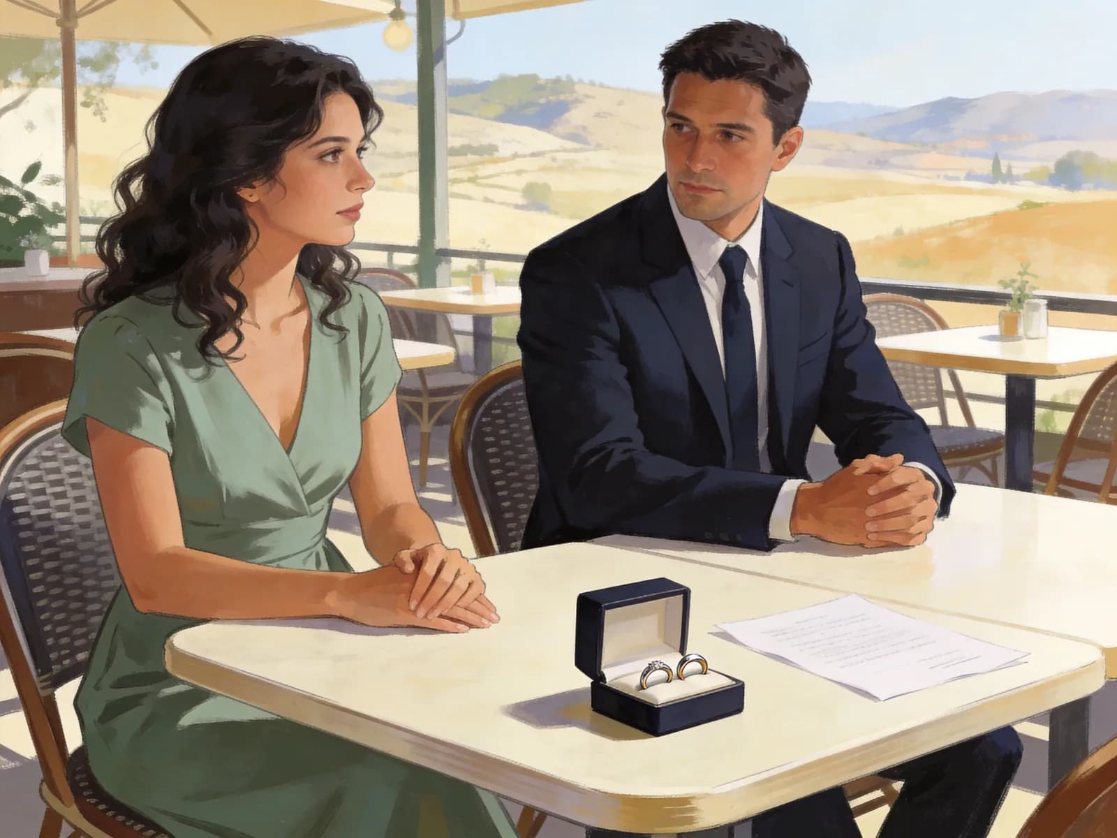 Two adults sit at a cafe table with a ring box and a paper agreement.