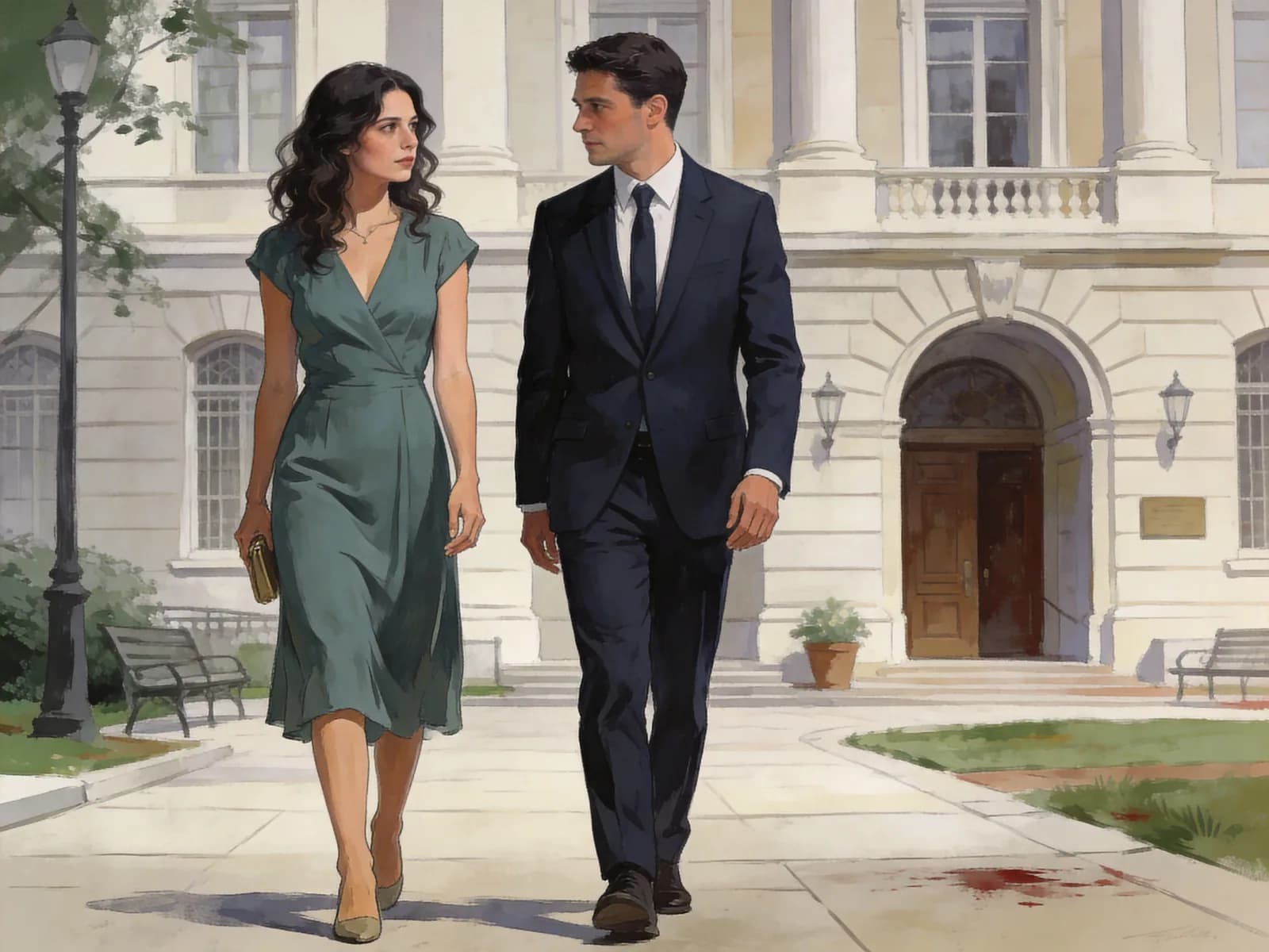 A couple walks away from a formal civic building.