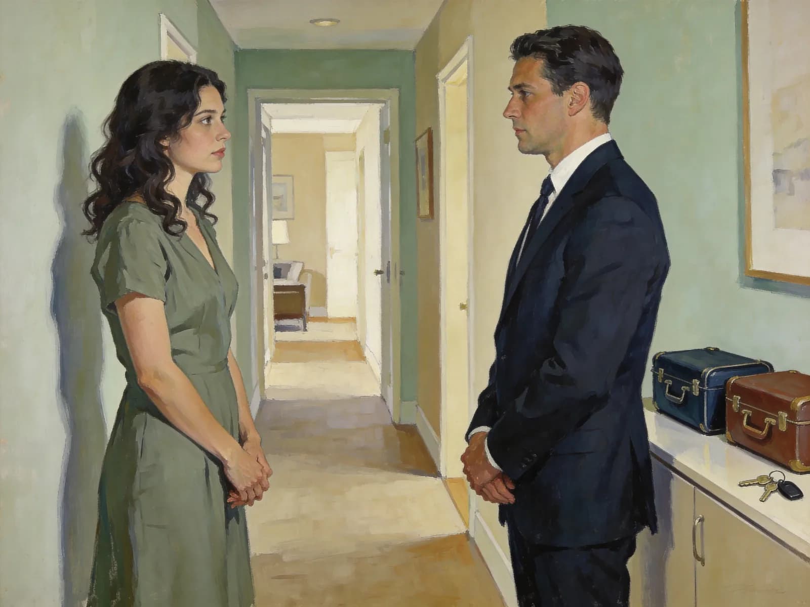 Two adults stand apart in an apartment hallway beside travel cases.