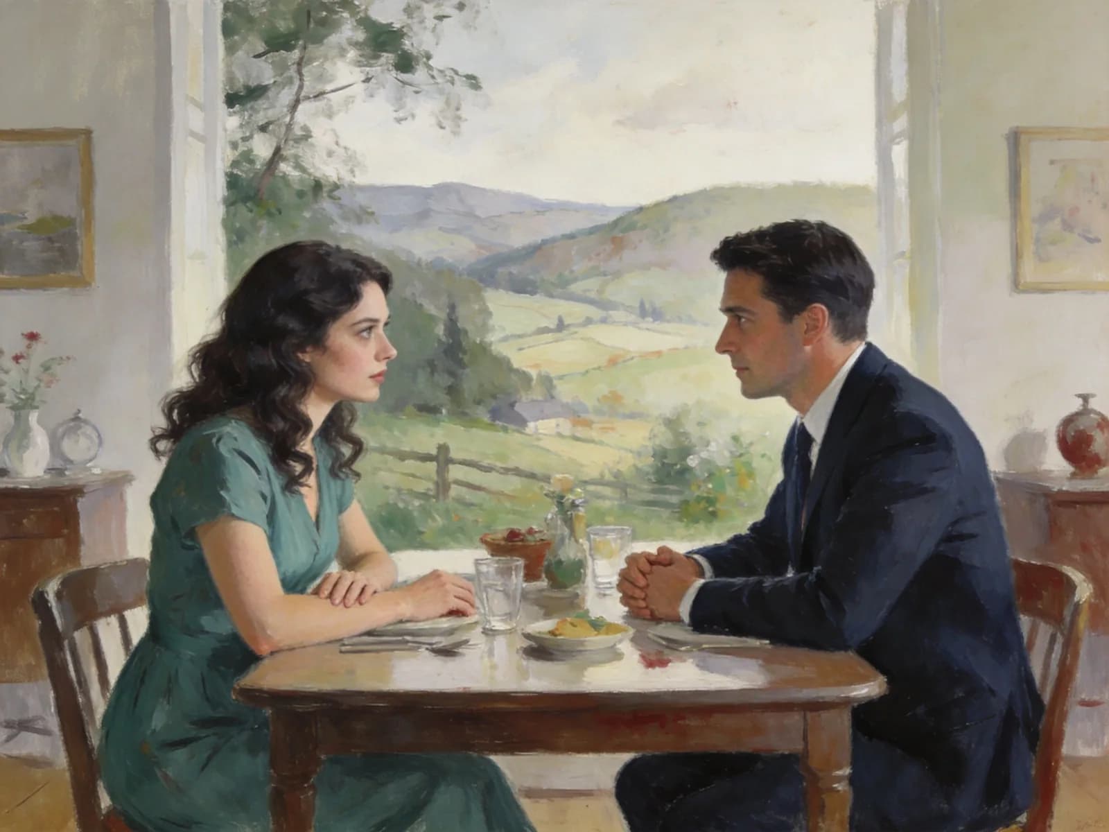 Two adults share a quiet breakfast across a small table.