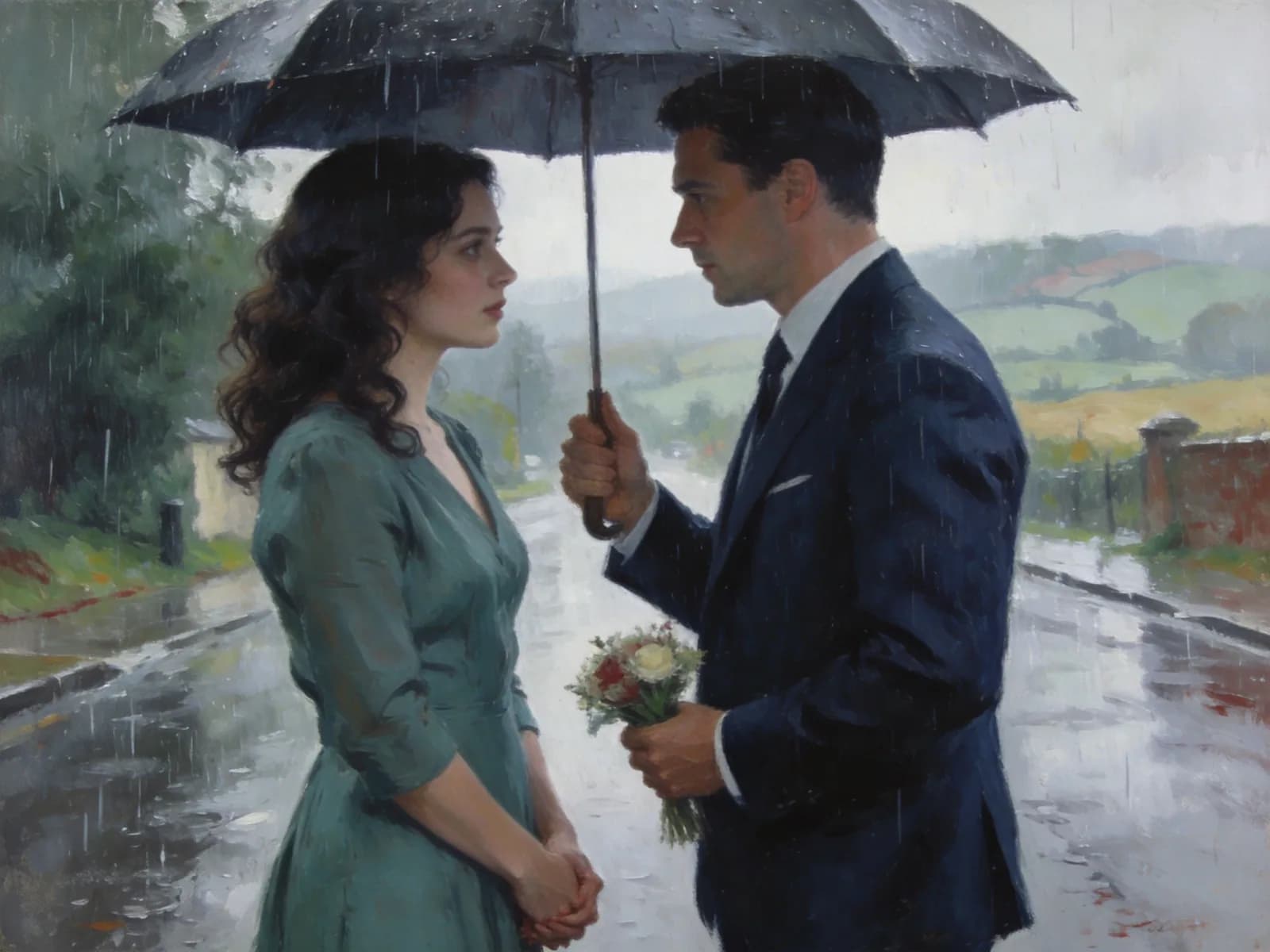 A couple stands beneath one umbrella on a wet road.