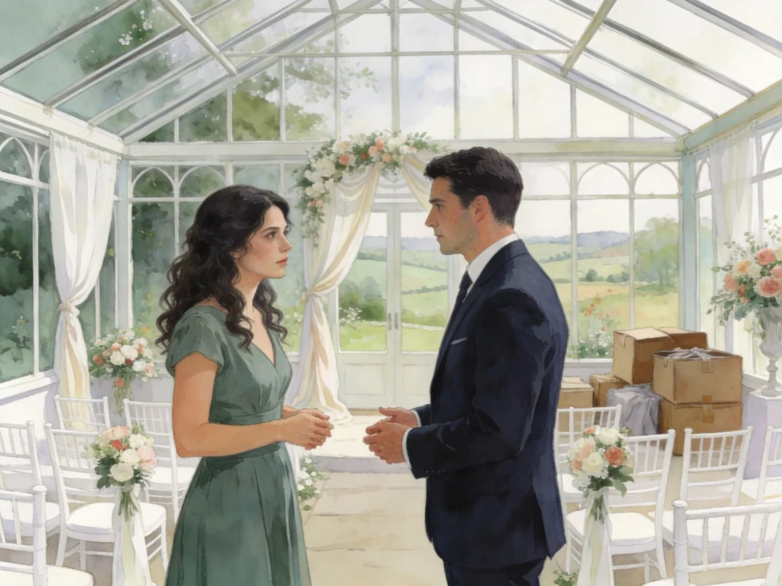 Two adults face each other in a greenhouse prepared for a wedding.