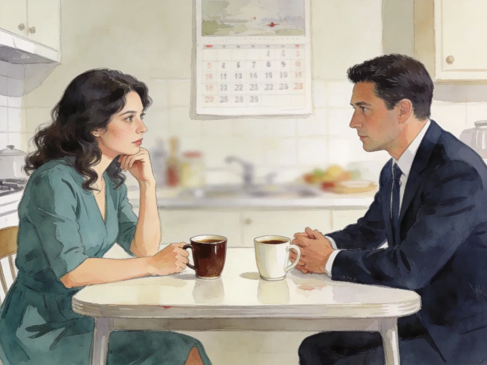 Two adults talk across a kitchen table with different coffee mugs.