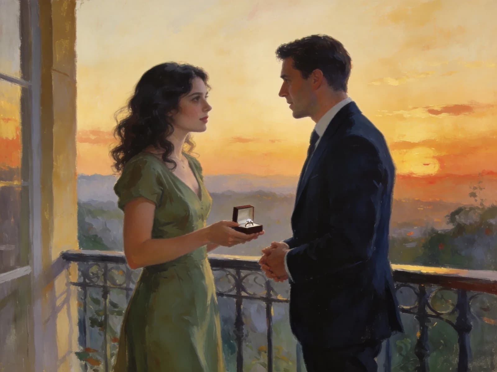 A woman holds an open ring box while talking to a man on a sunset balcony.