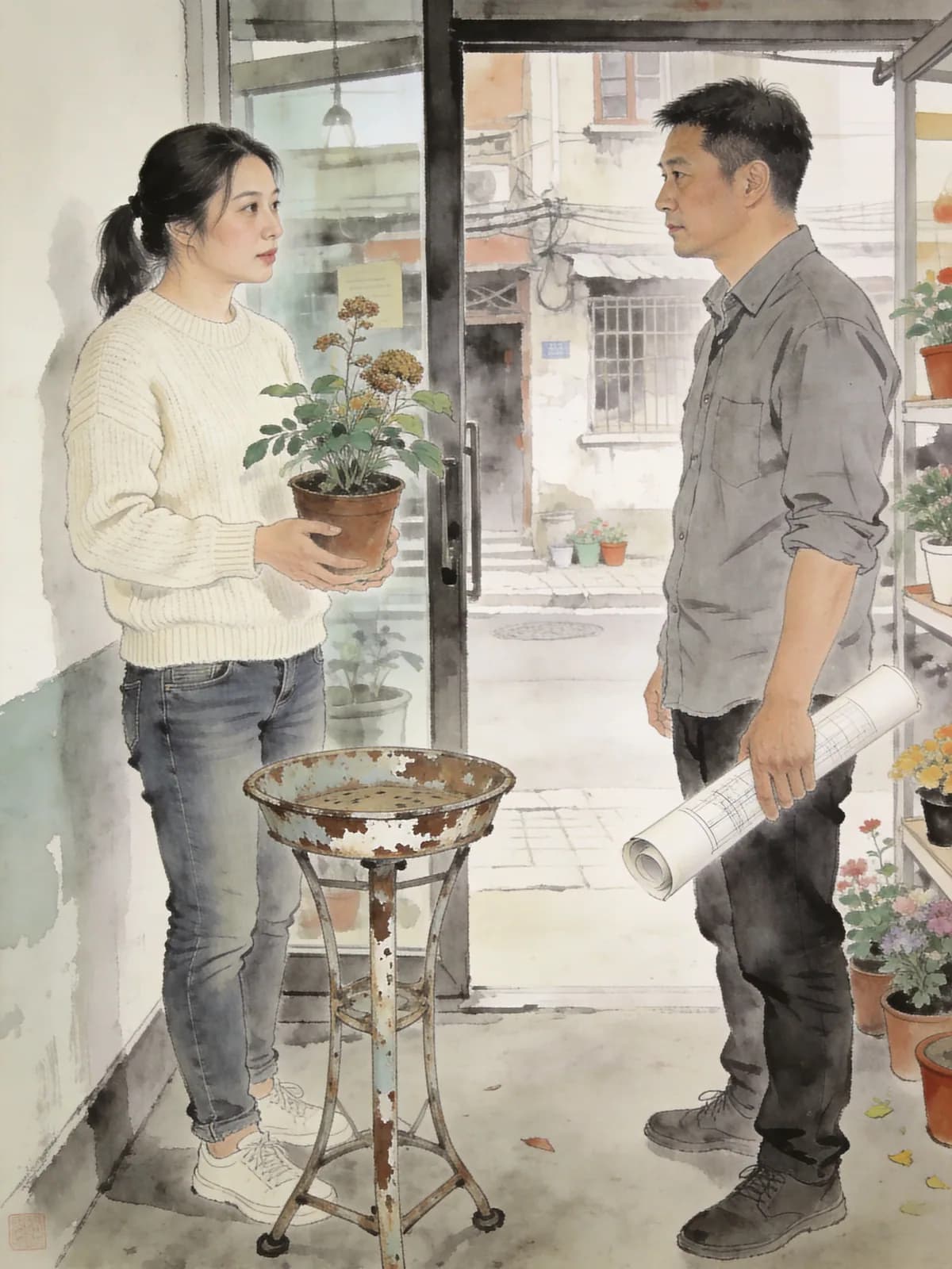 A florist and a landscape designer meet beside an old flower stand.