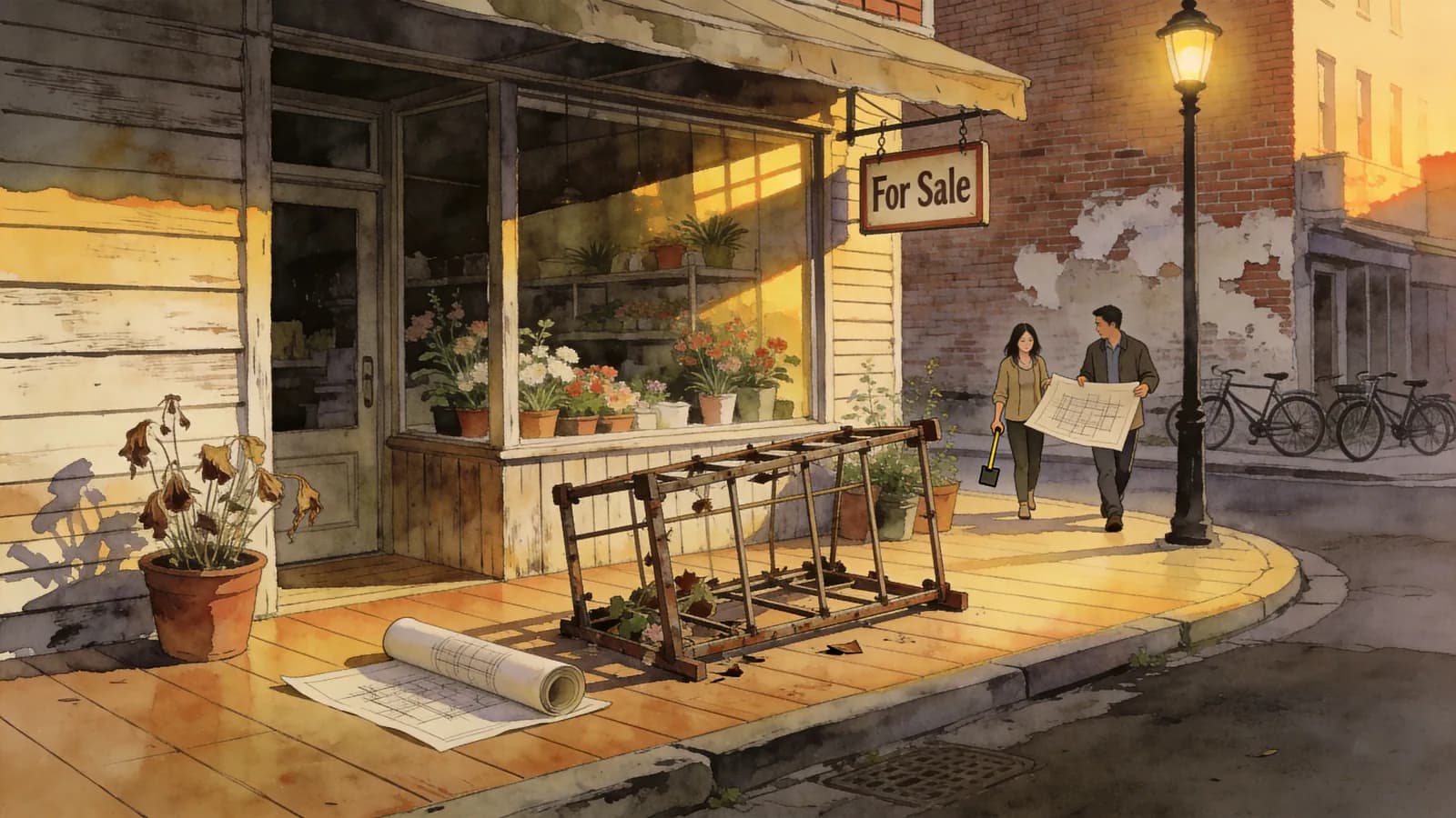 A quiet flower shop at dusk, with an old stand and two adults discussing a drawing.