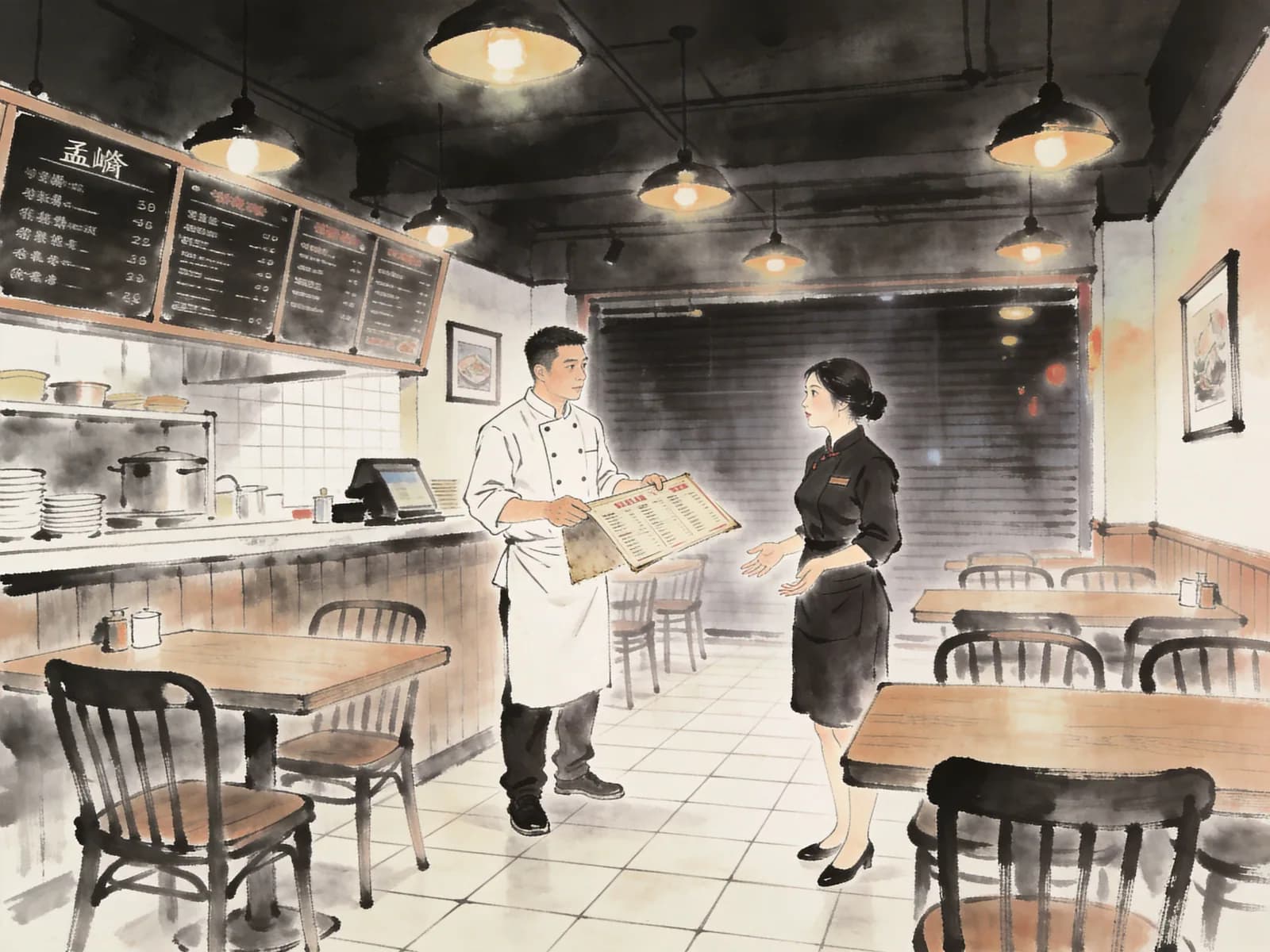 下班后的餐厅·重逢 009 — 根据简介创作的场景插图 1