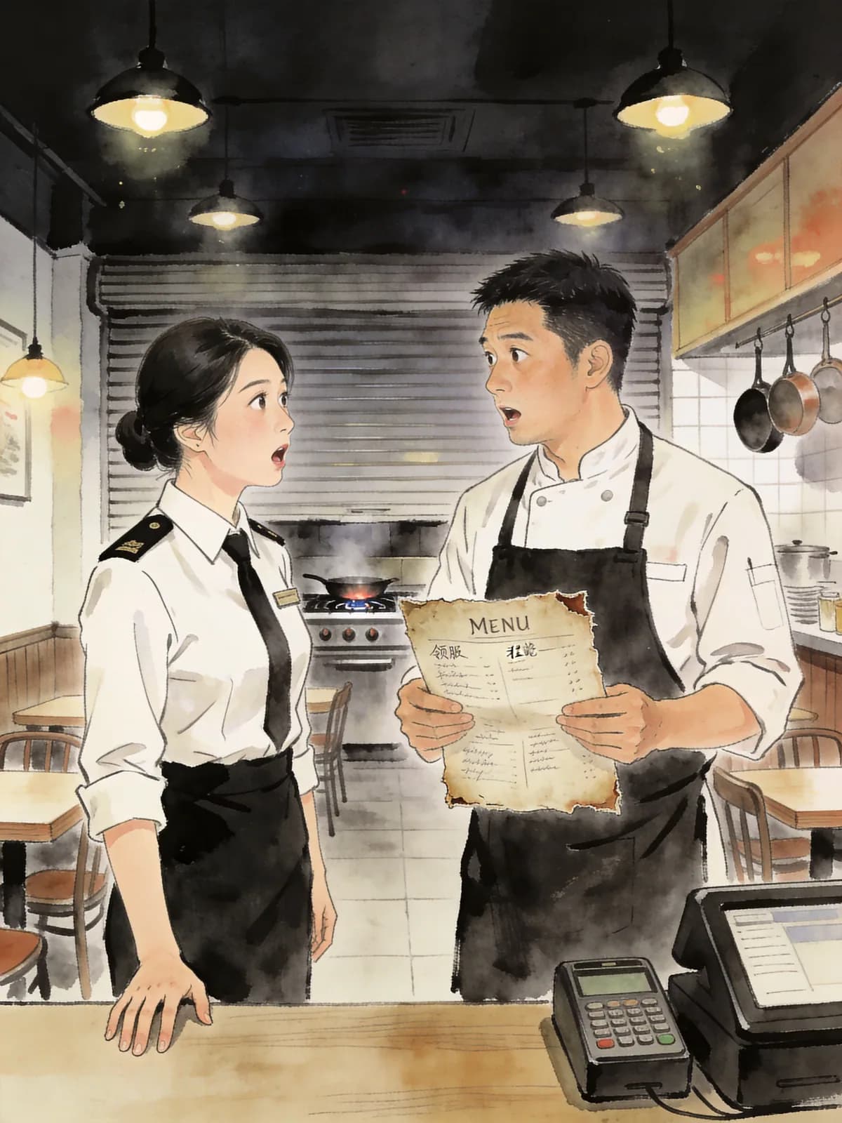 下班后的餐厅·重逢 009 — 根据简介创作的场景插图 2