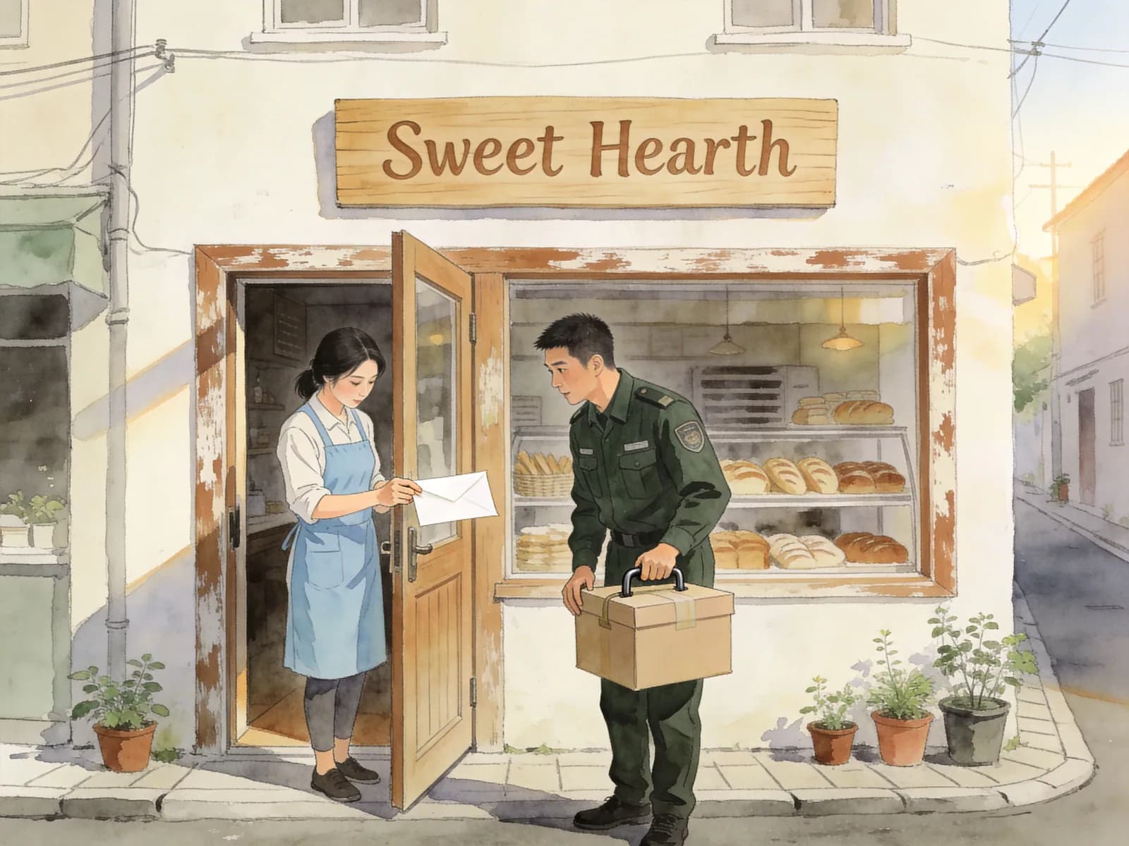 清晨的面包店·来信 024 — 根据简介创作的场景插图 1