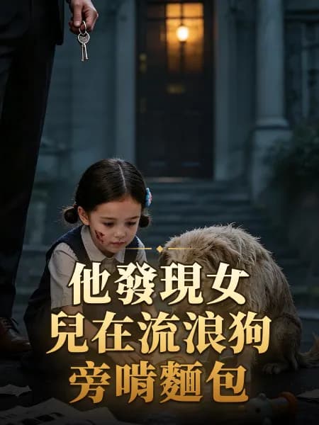 他發現女兒在流浪狗旁啃麵包